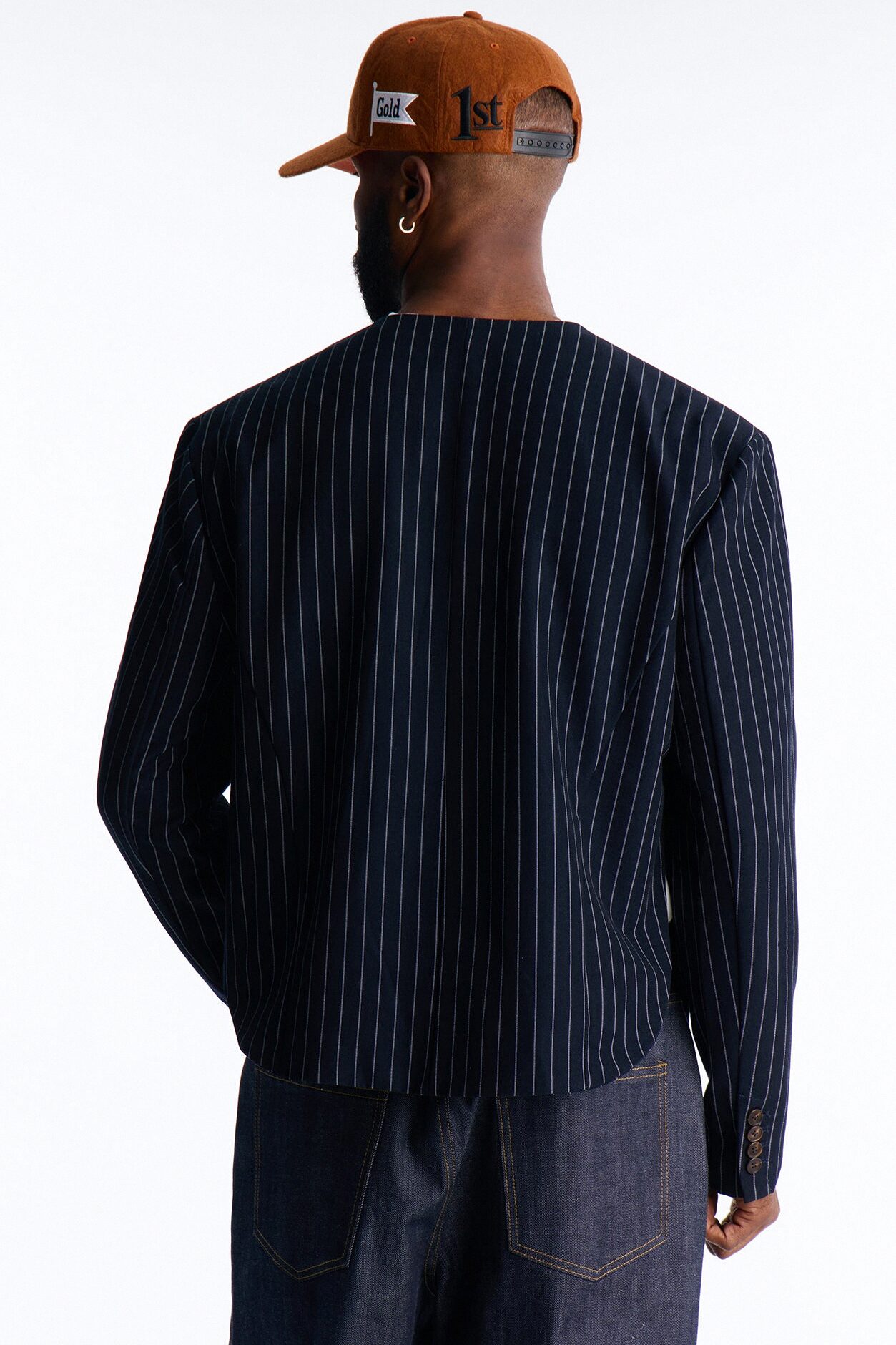 Boxy Cropped Pin Striped Cut Out Blazer - Blue