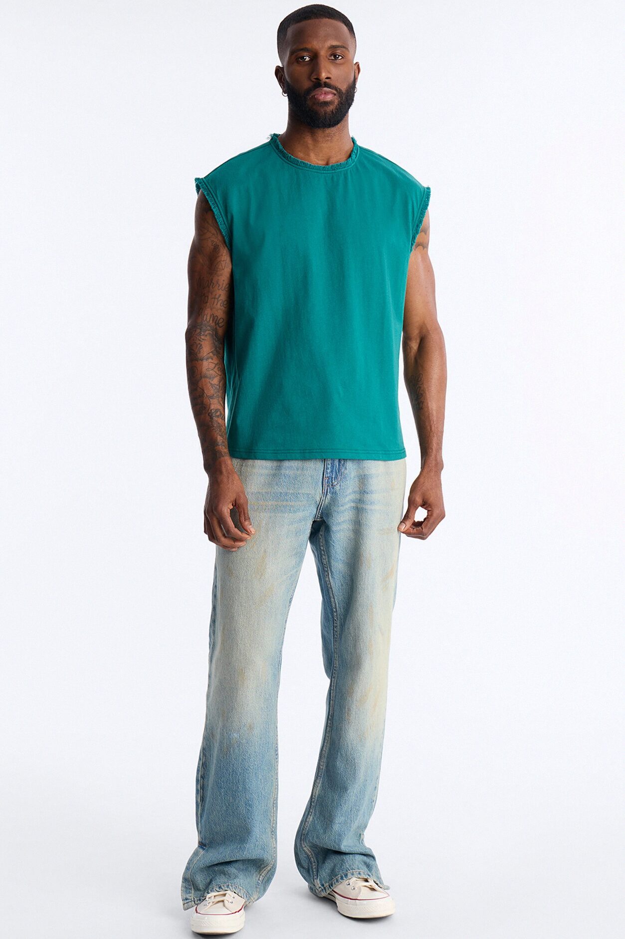 Relaxed Raw Edge Muscle Tee - Hunter Green