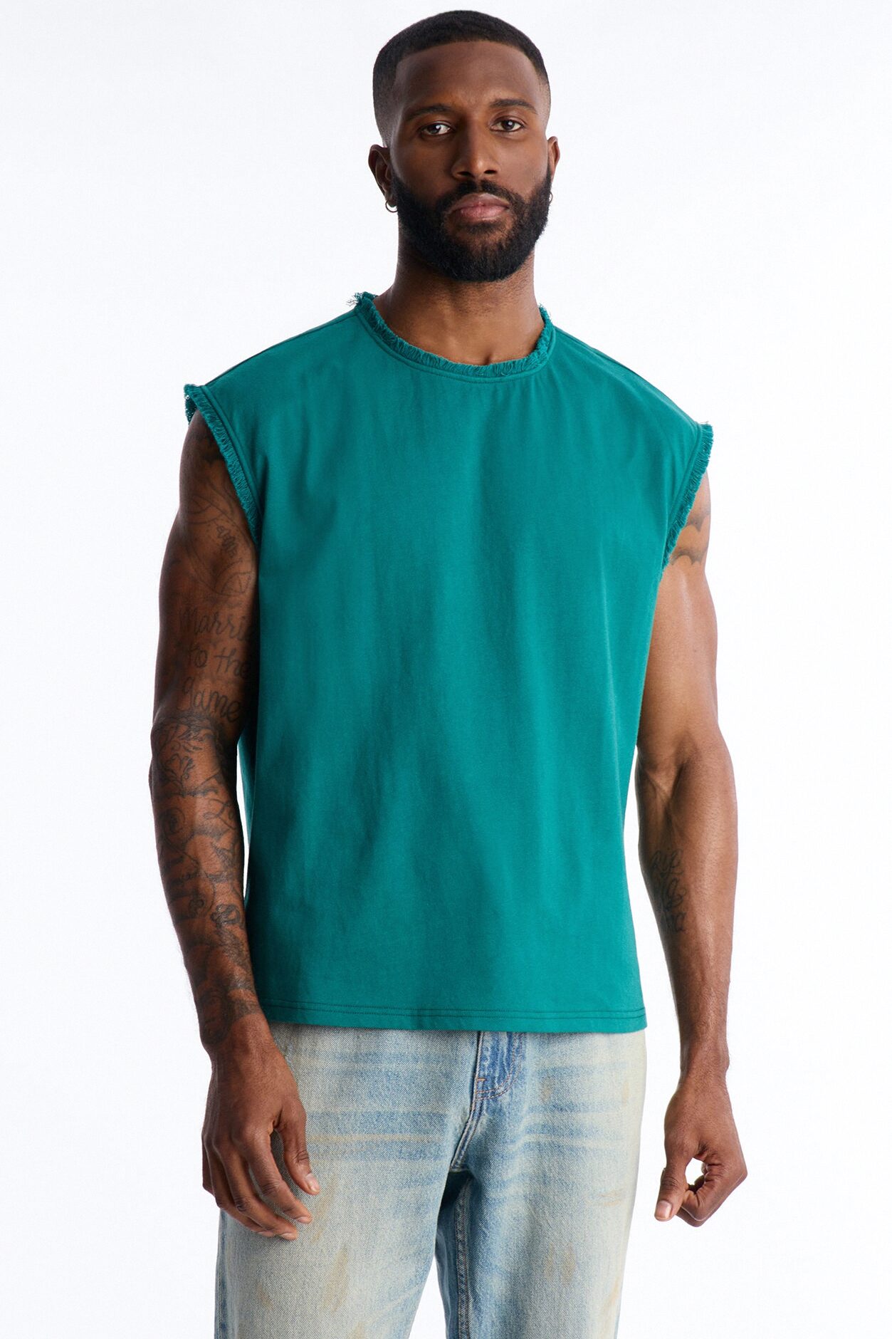 Relaxed Raw Edge Muscle Tee - Hunter Green