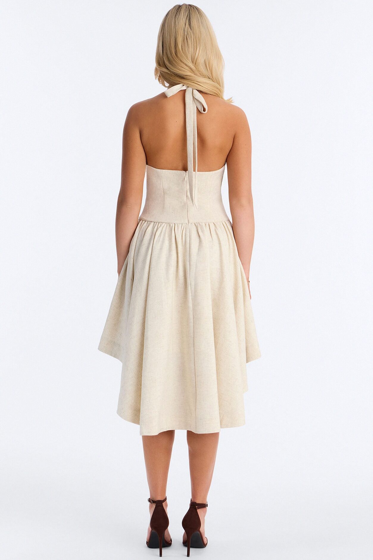 Linen Bloom Halter Midi Dress - Natural