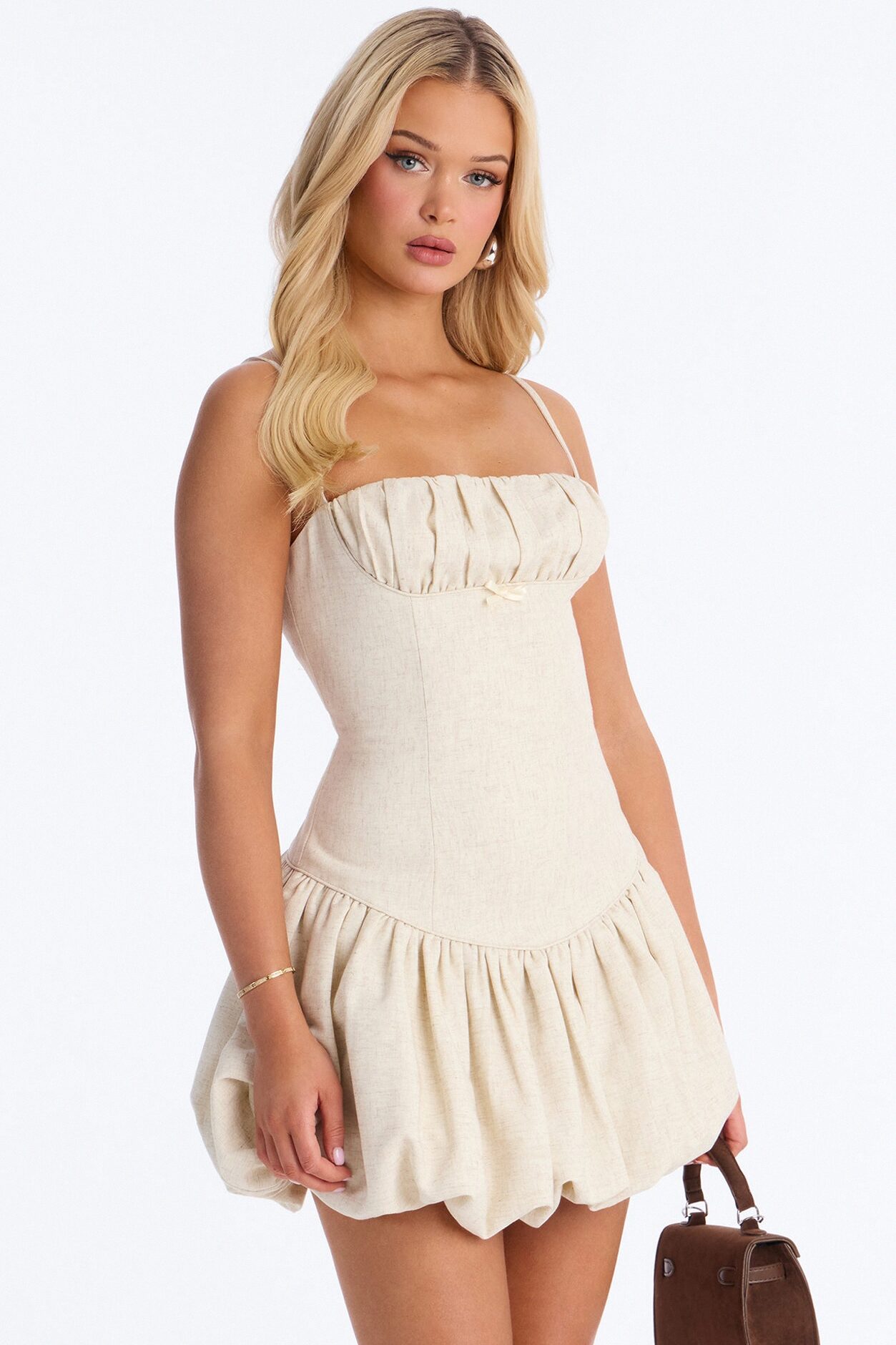 Linen Bloom Bubble Mini Dress - Natural