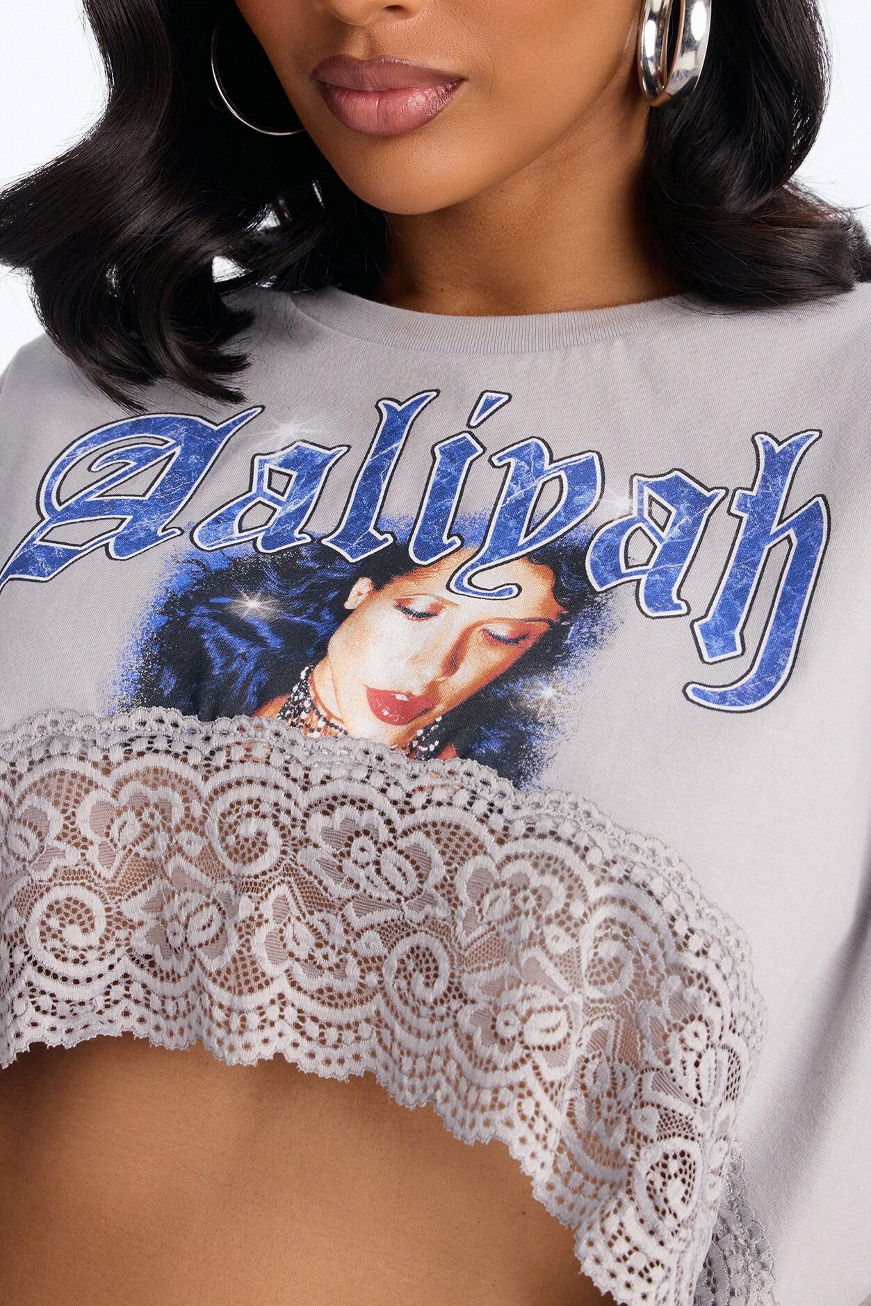 Aaliyah Cropped Lace Bottom Tee - Grey