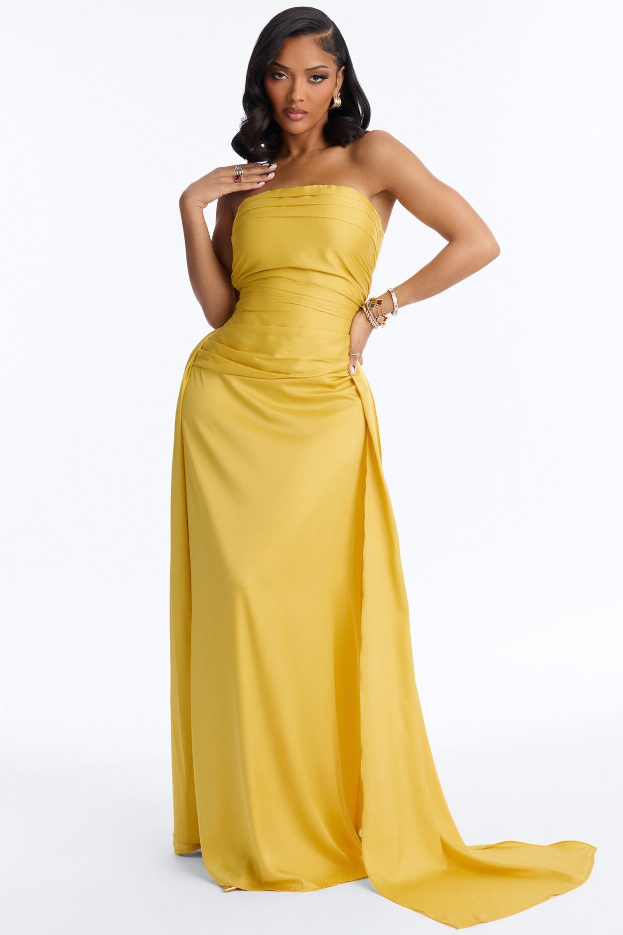 Rayna Pleated Satin Gown - Yellow