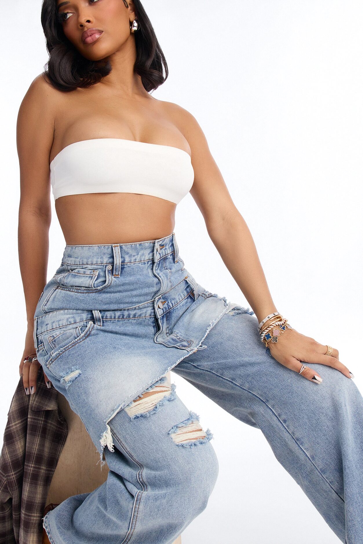 Strike It Up Skirt Overlay Ripped Jeans - Light Wash