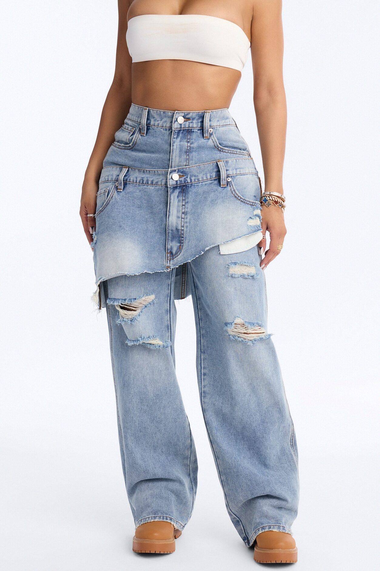 Strike It Up Skirt Overlay Ripped Jeans - Light Wash