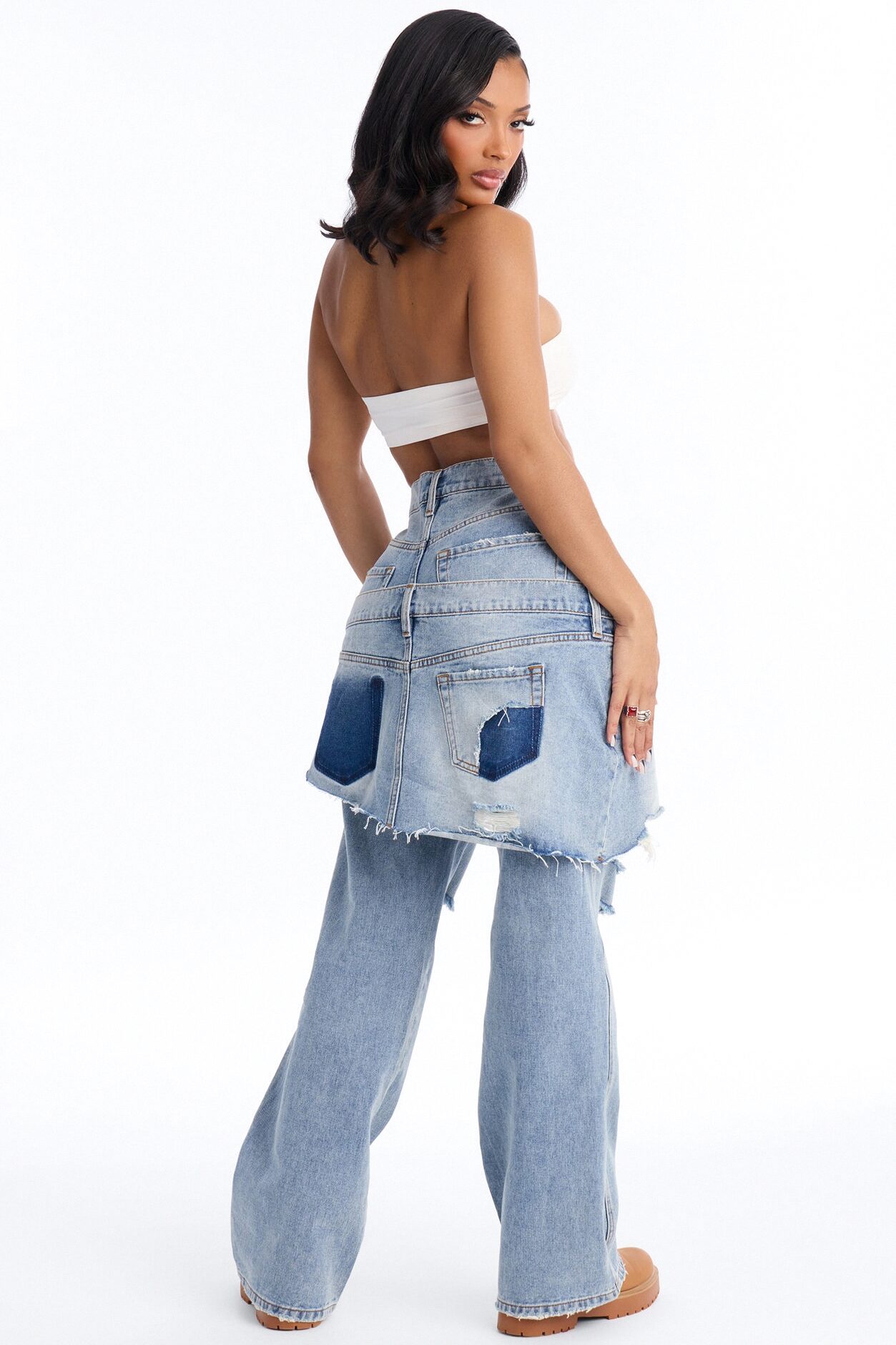 Strike It Up Skirt Overlay Ripped Jeans - Light Wash