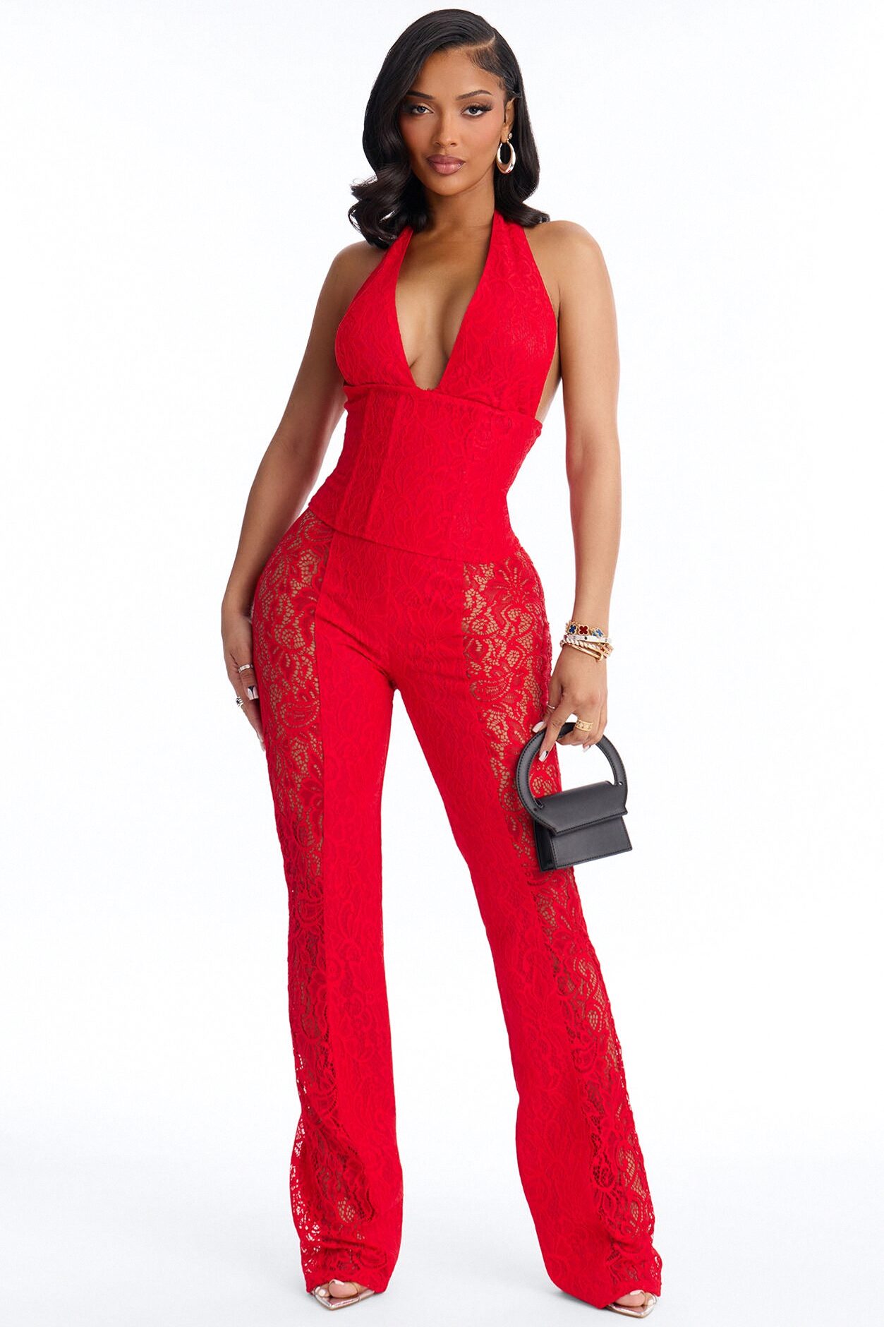 Irina Lace Jumpsuit And Corset 2 Piece Set - Red