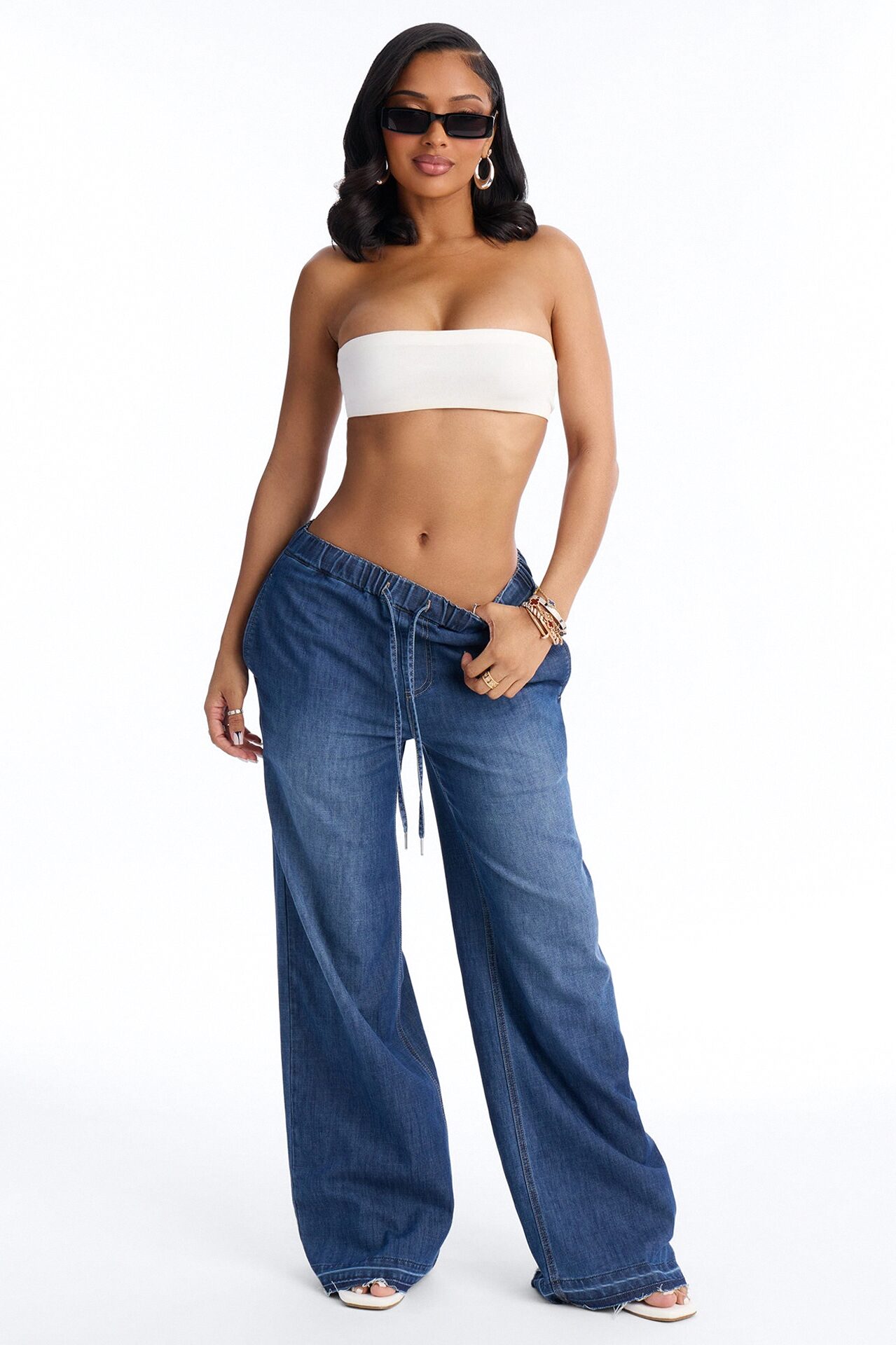 Marina Stretch Crosshatch Tie Waist Jeans - Medium Wash