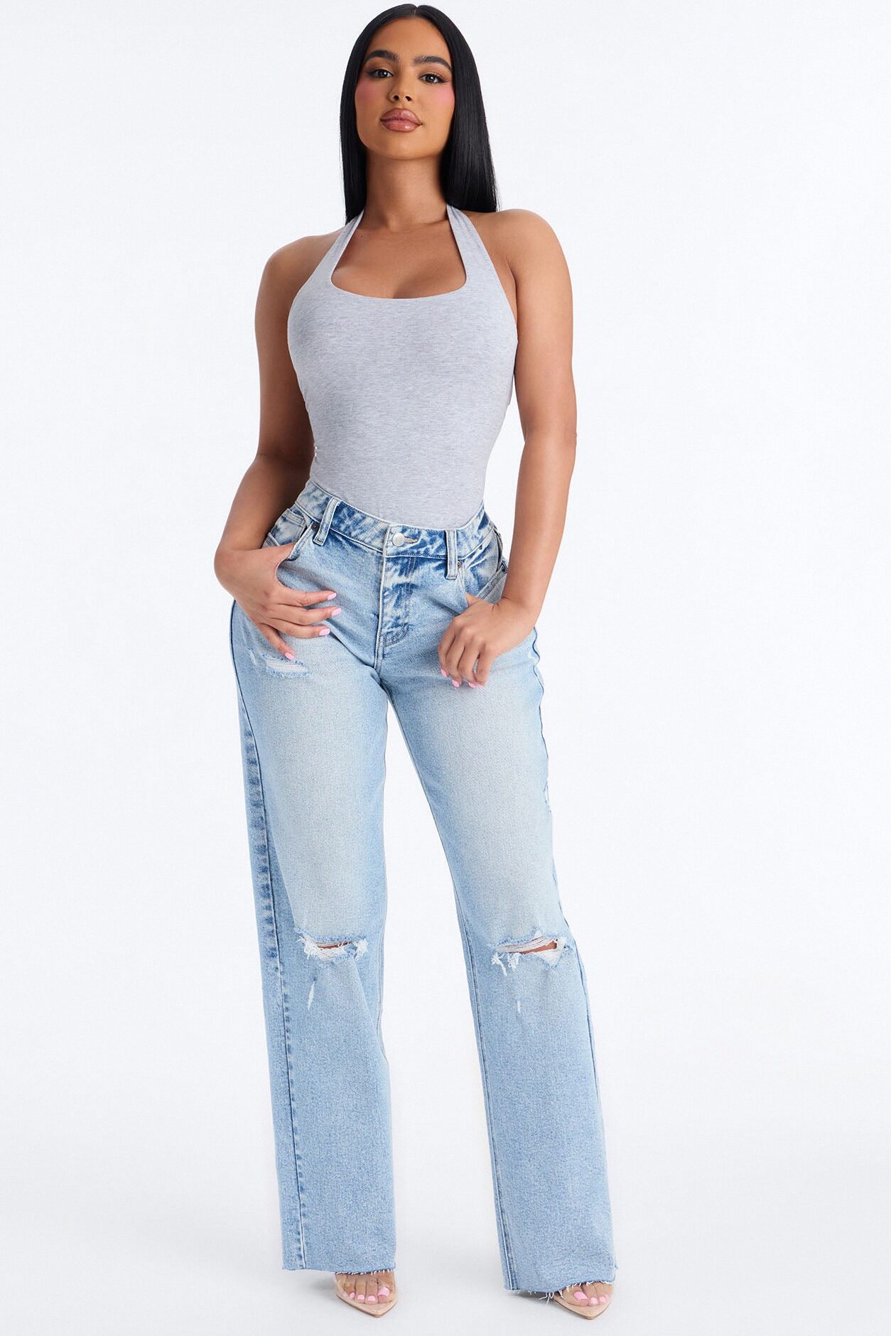 90s Classic Mid Rise Ripped Stretch Straight Leg Jeans - Light Wash