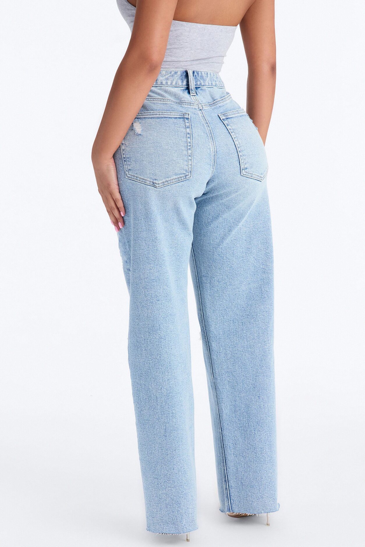 90s Classic Mid Rise Ripped Stretch Straight Leg Jeans - Light Wash
