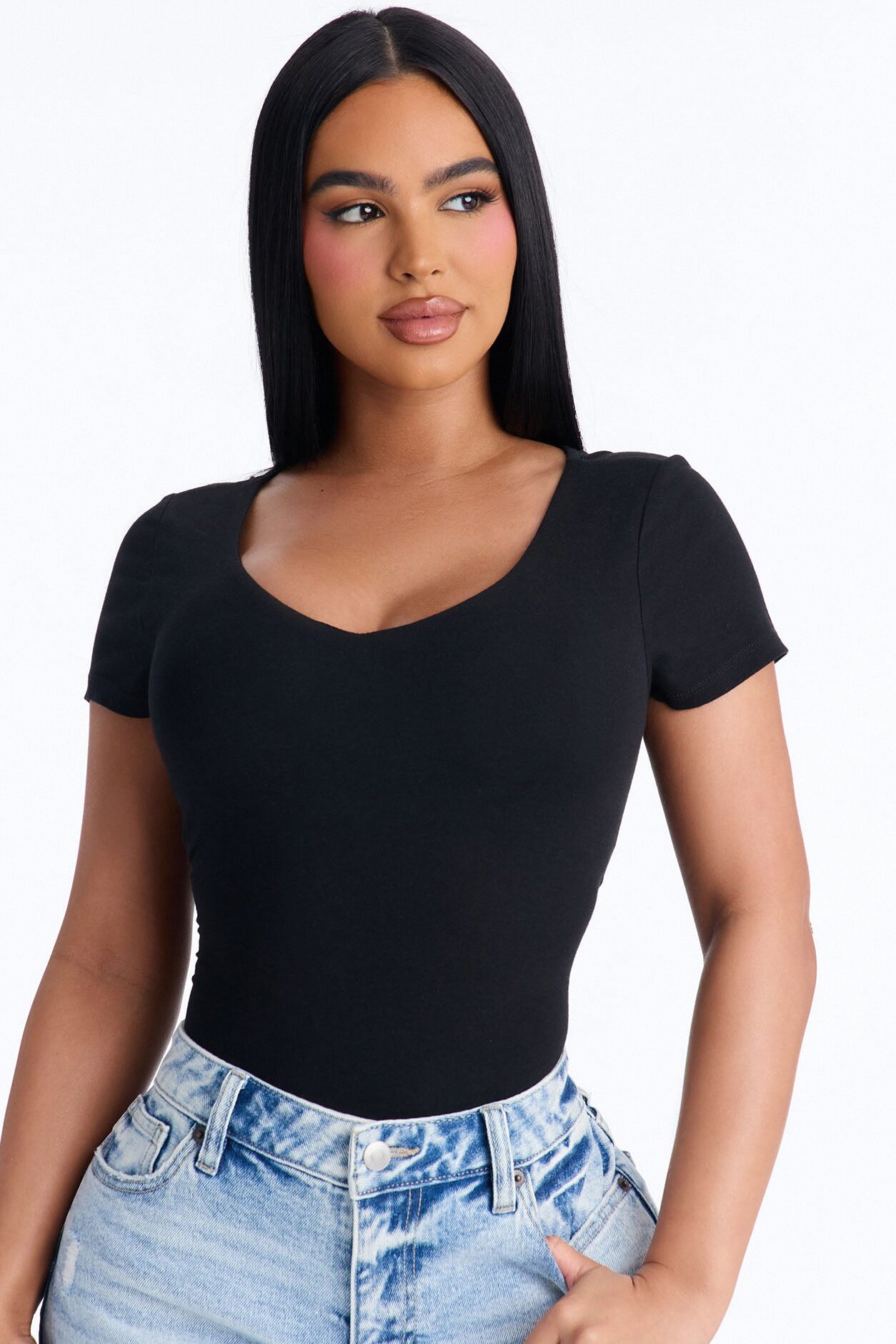 Marion Double Lined V Neck Bodysuit - Black