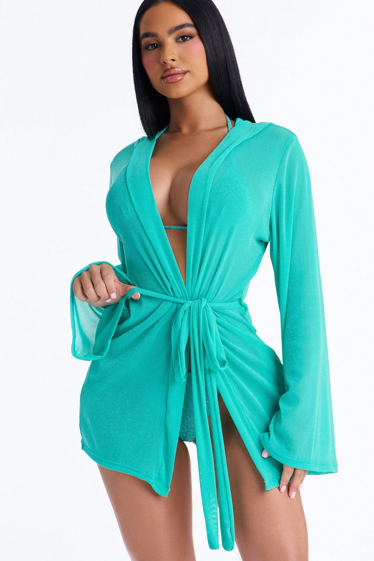 Shining For You Bikini And Robe Coverup Set - Teal