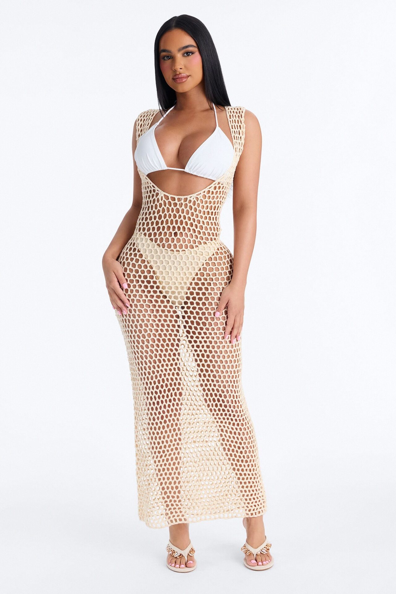 Poolside Cool Crochet Swim Cover Up Dress - Cream