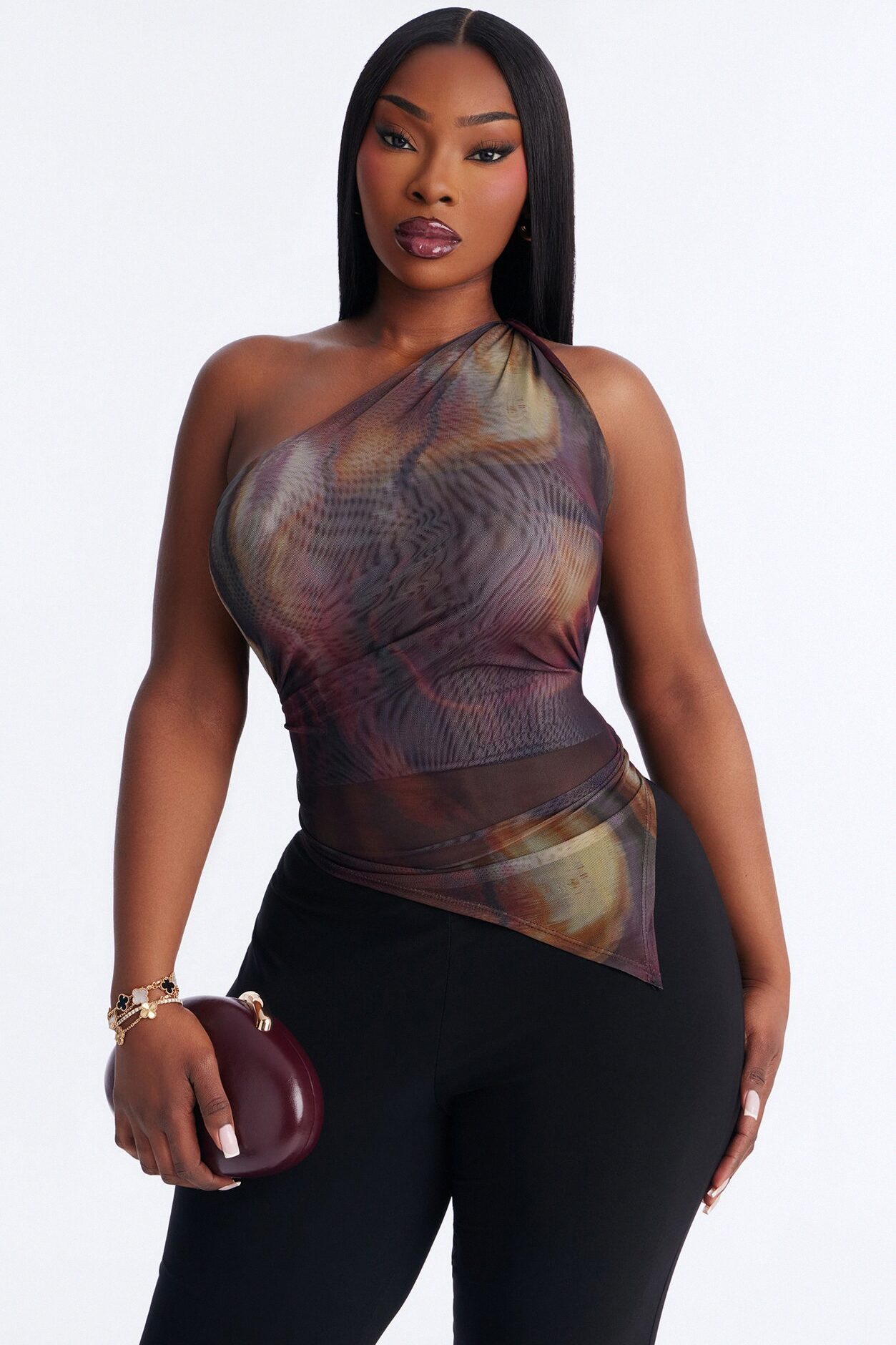 Dance All Night Asymmetrical One Shoulder Mesh Top - Brown/combo
