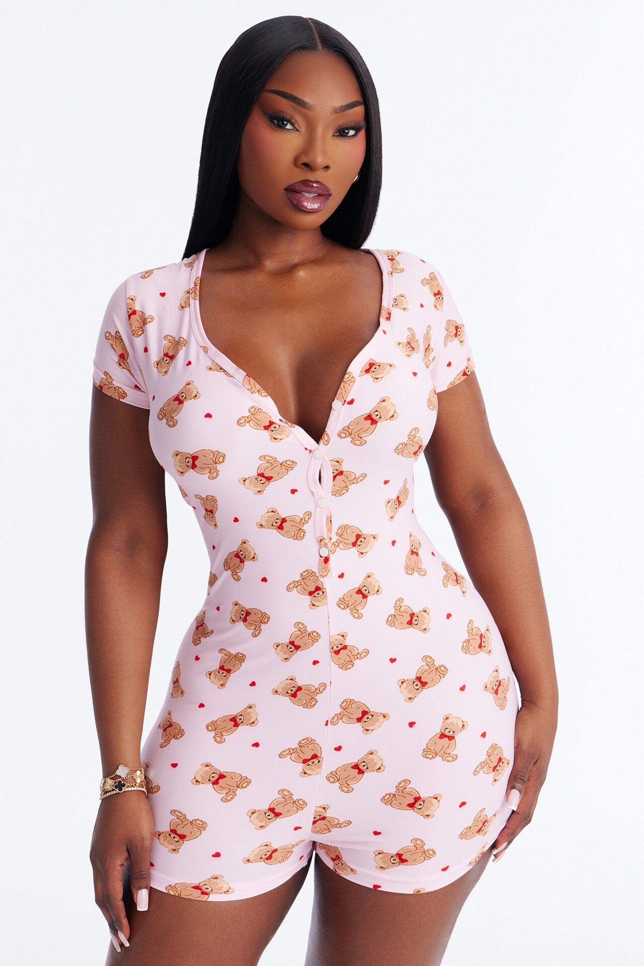 Cutie Bear PJ Romper Onesie - Pink