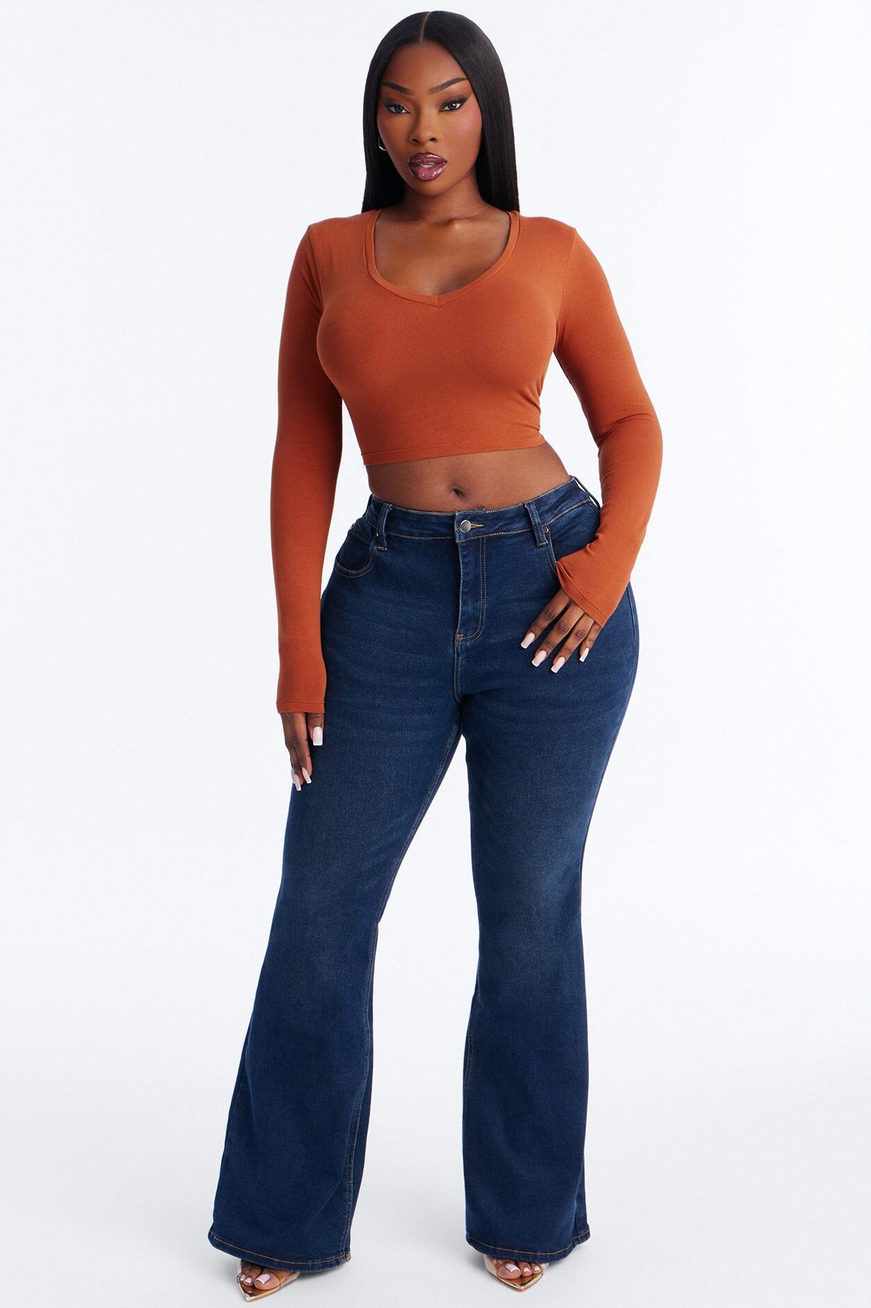 Carly V Neck Crop Long Sleeve Tee - Rust