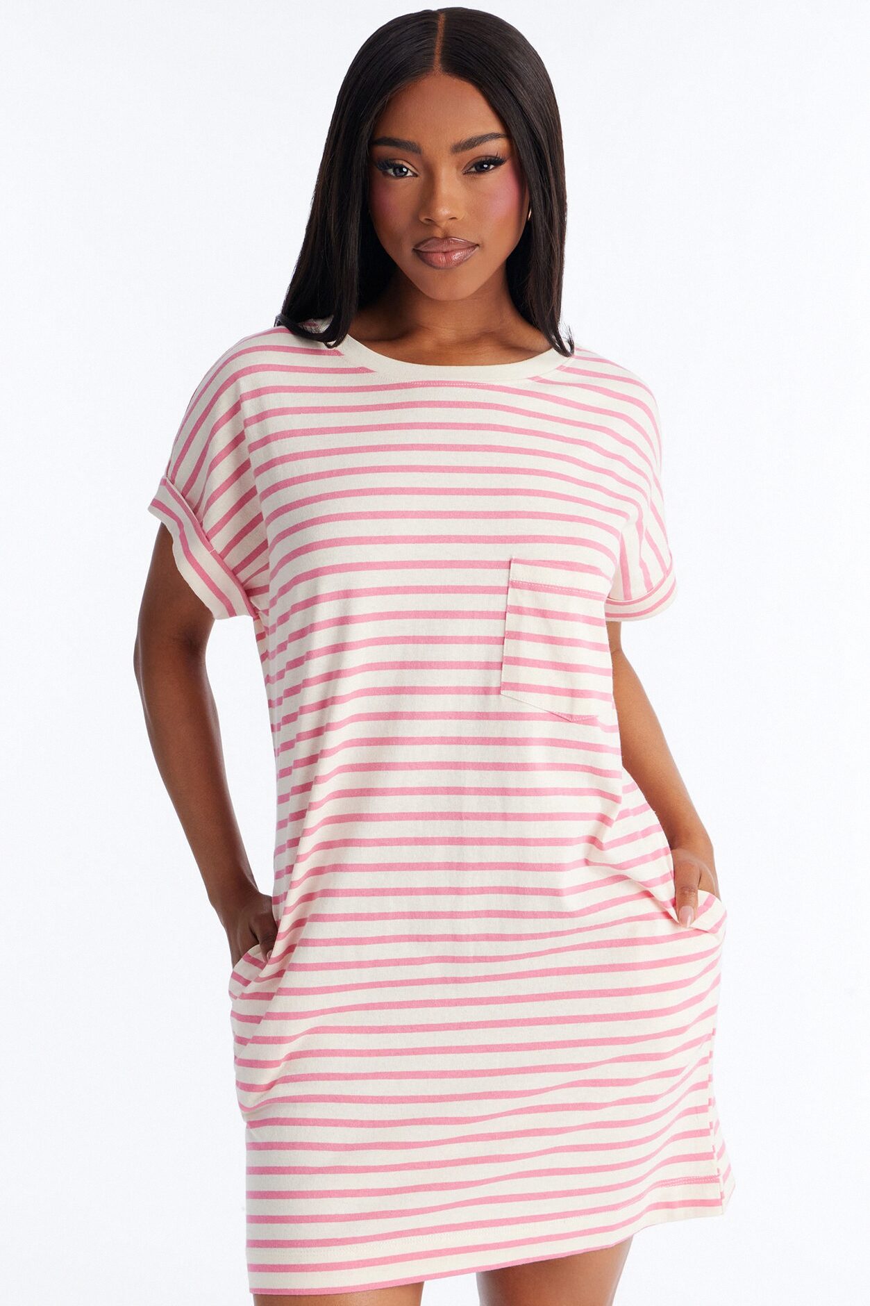 Raelynn Short Sleeve Cotton Shirt Mini Dress - White/Pink