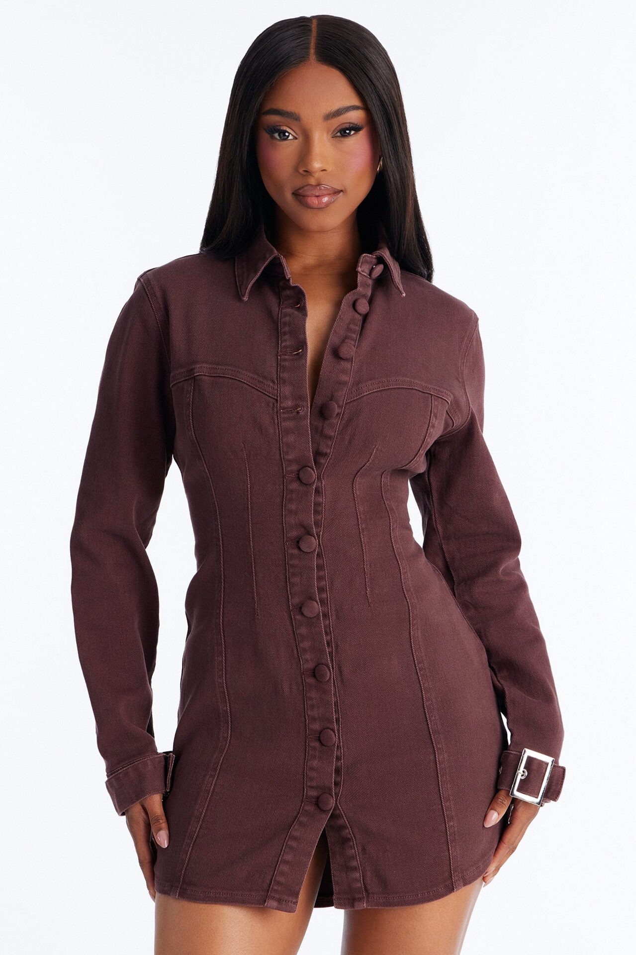 Miley Long Sleeve Denim Mini Dress - Brown