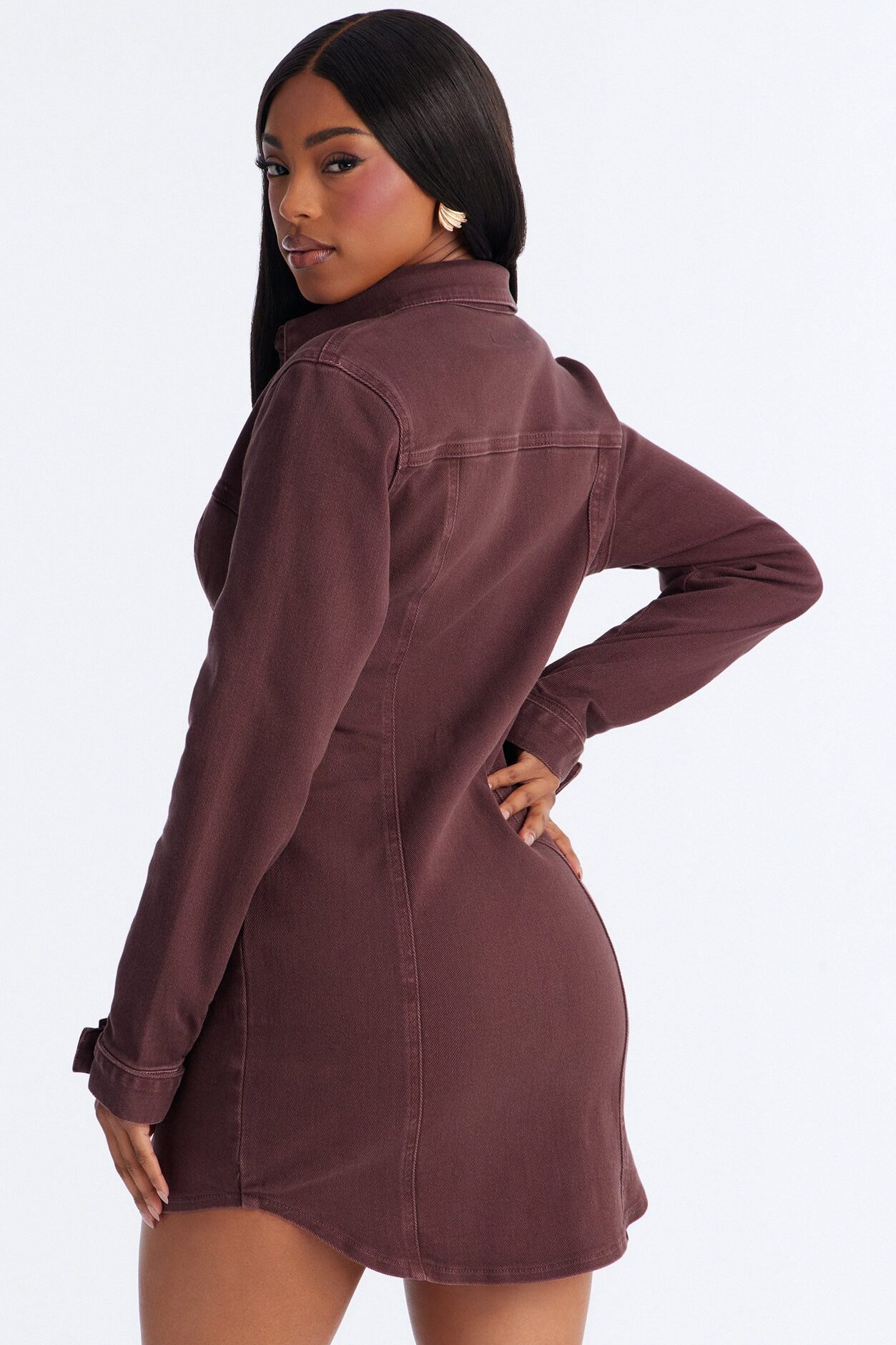 Miley Long Sleeve Denim Mini Dress - Brown