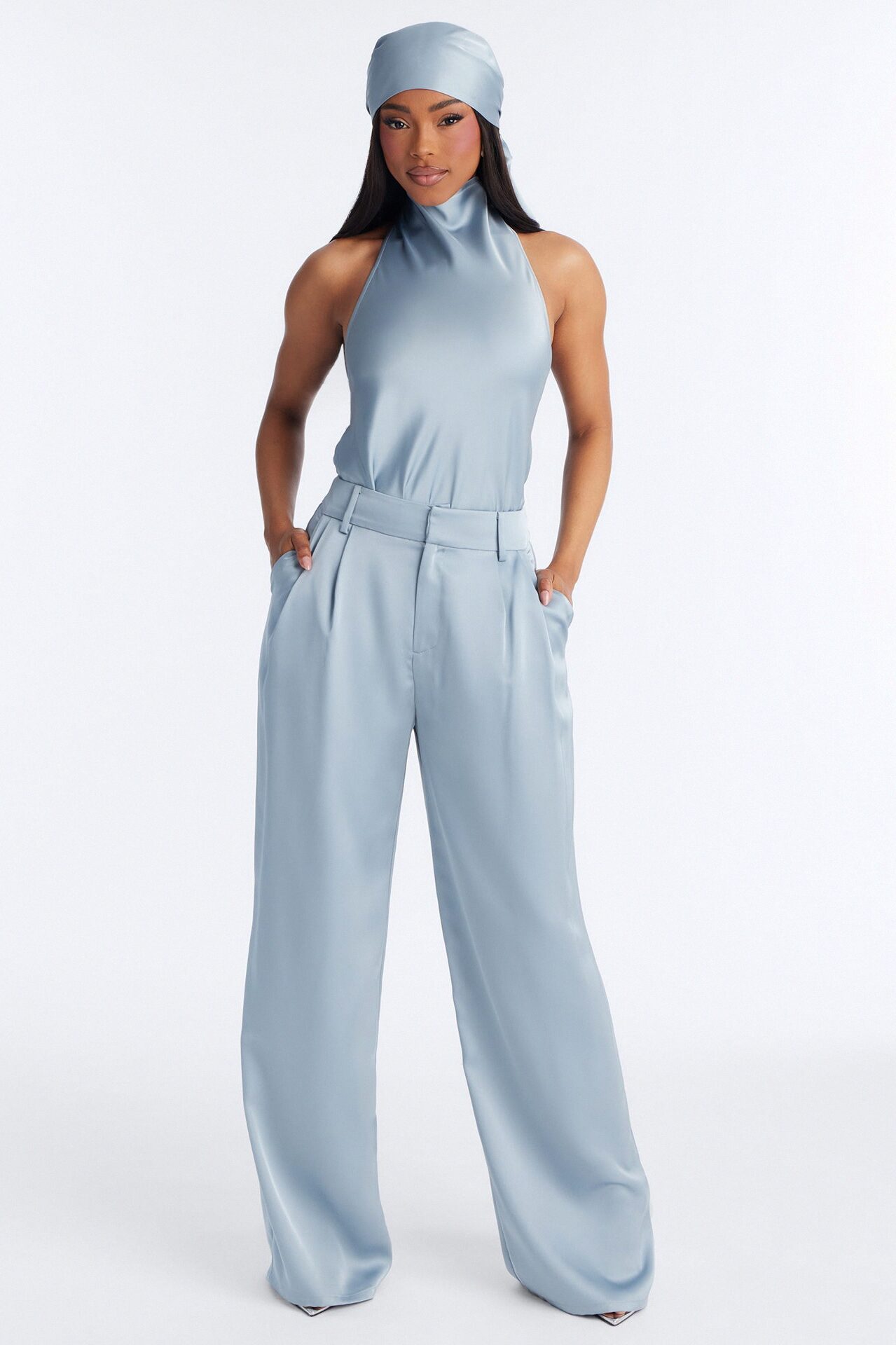 Isabelle Satin Halter Bodysuit 3 Piece Pant Set - Slate Blue