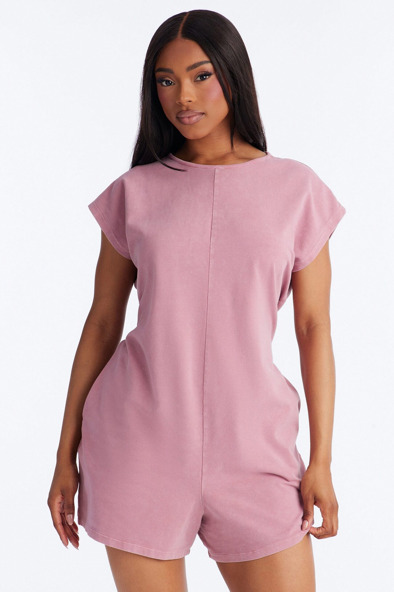 The Washed Cap Sleeve Romper - Mauve