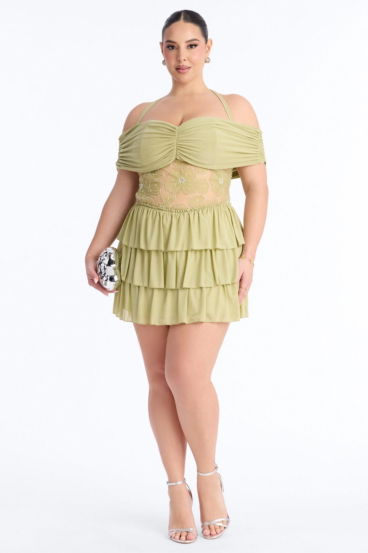 Remi Ruffle Beaded Mesh Mini Dress - Sage