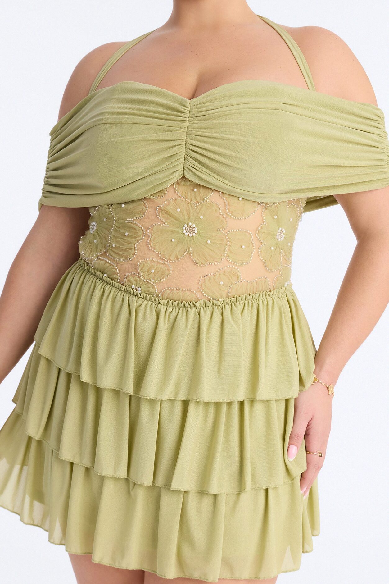 Remi Ruffle Beaded Mesh Mini Dress - Sage