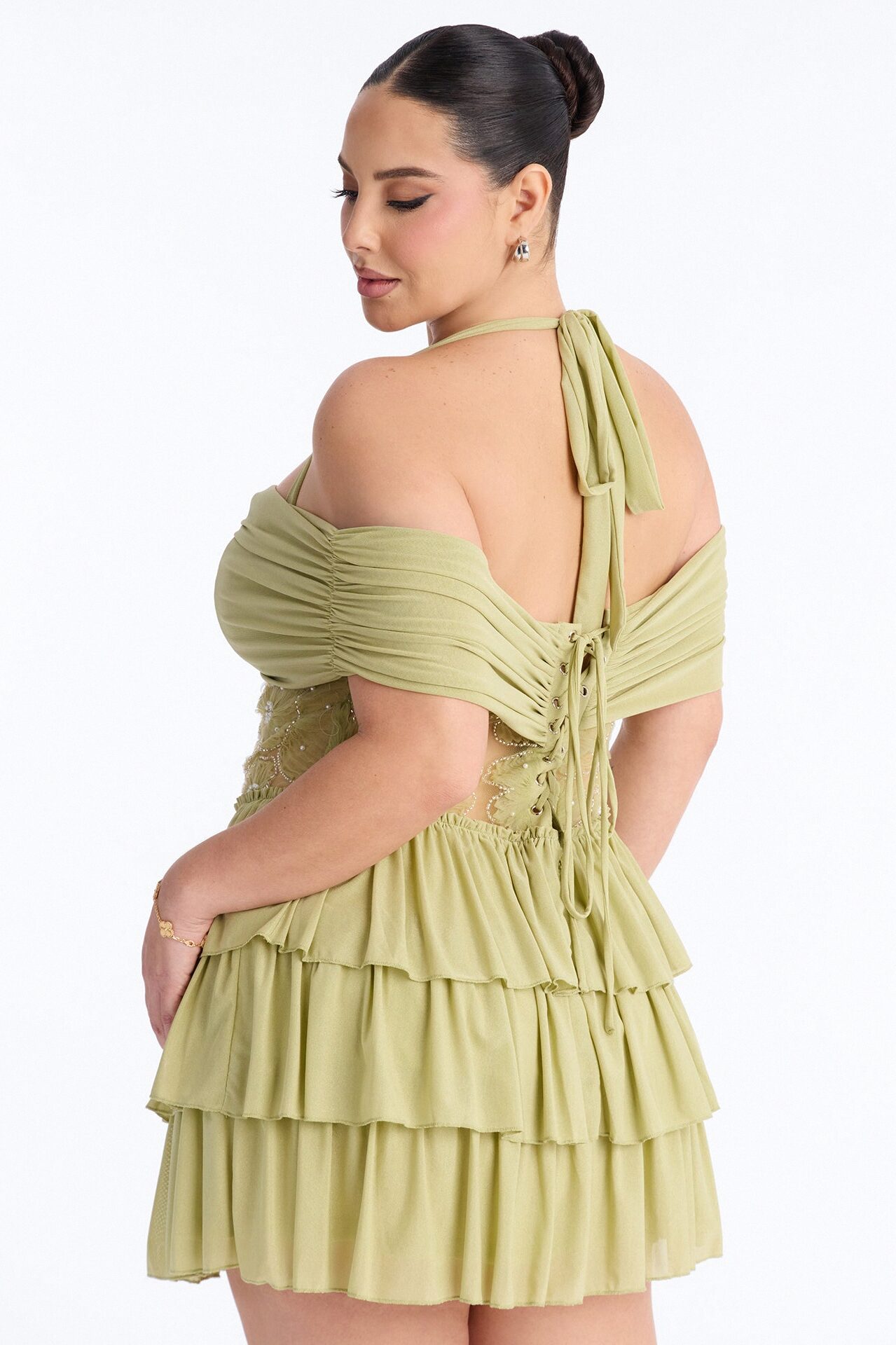 Remi Ruffle Beaded Mesh Mini Dress - Sage