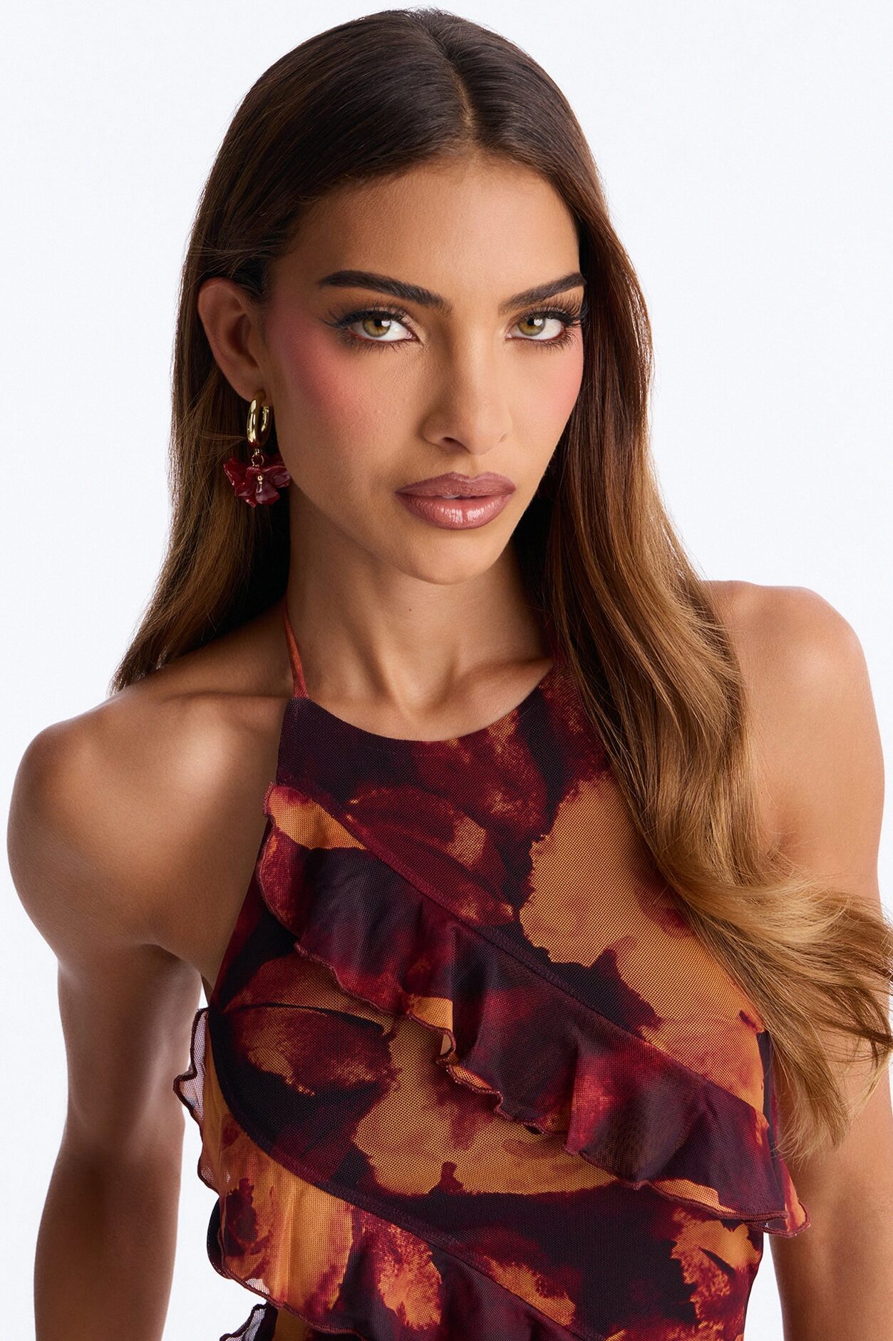 Warm Florals Hoop Earrings - Gold/Red