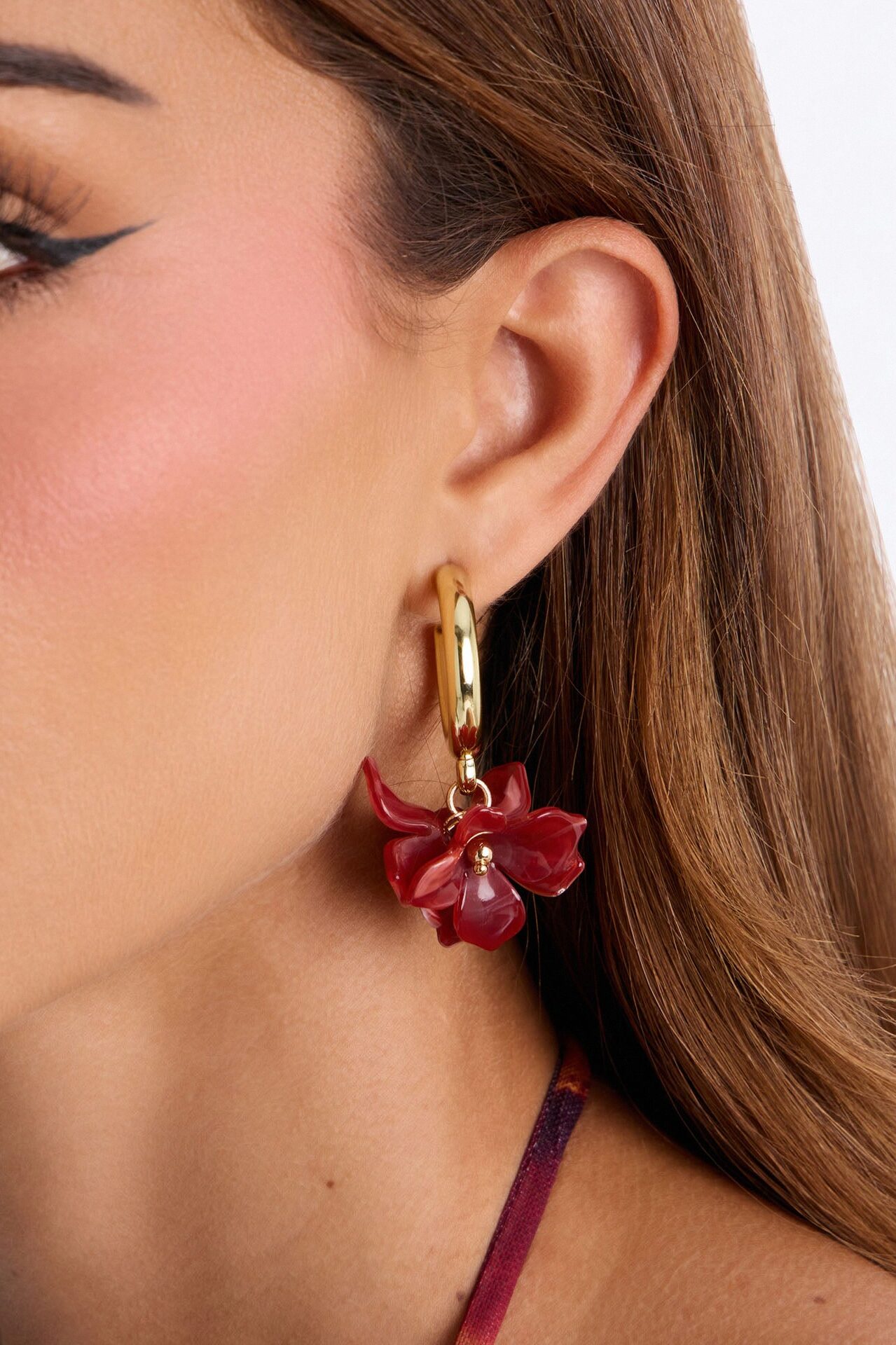 Warm Florals Hoop Earrings - Gold/Red