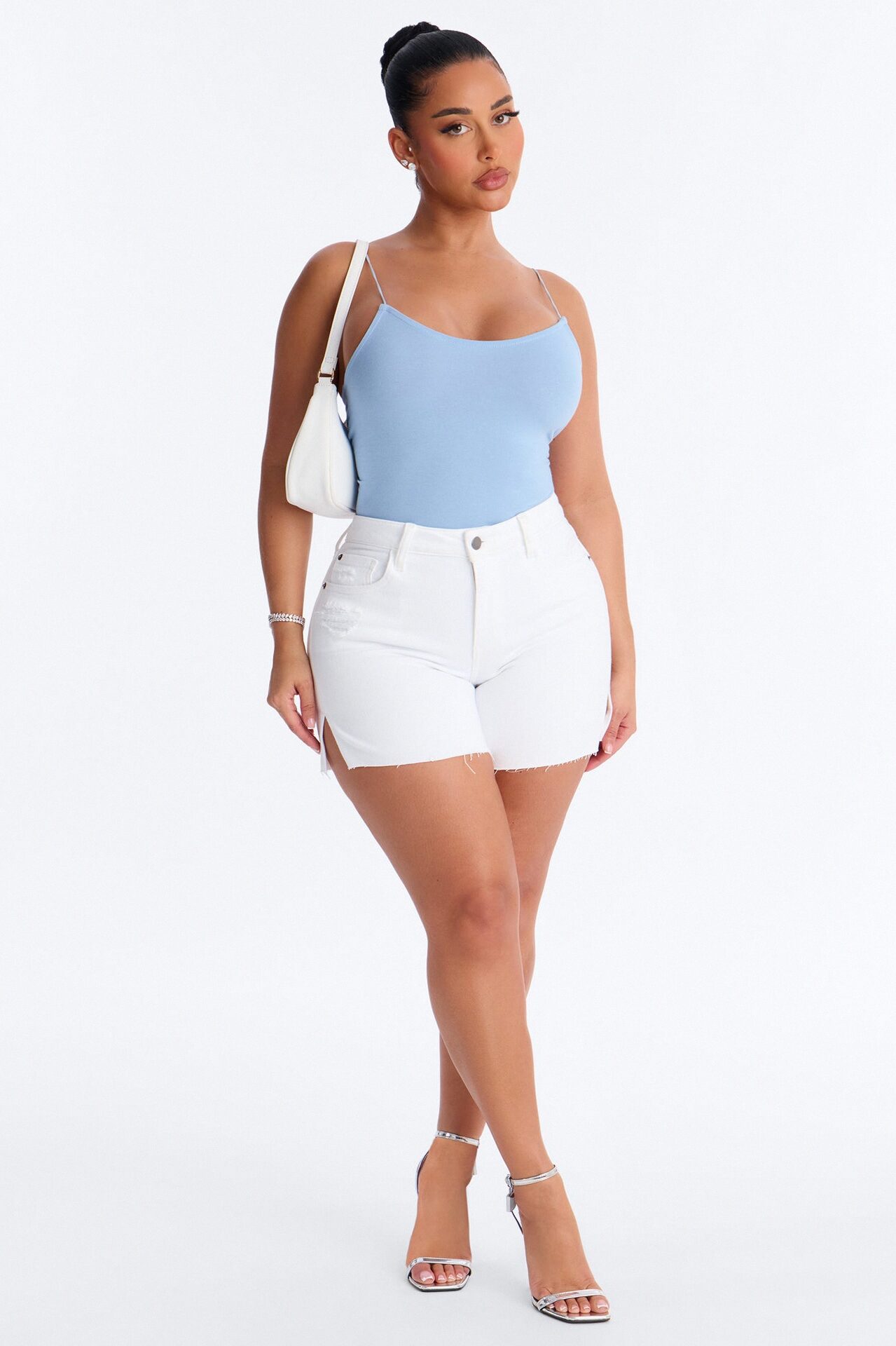 Not The Same Side Slit Stretch Denim Shorts - White