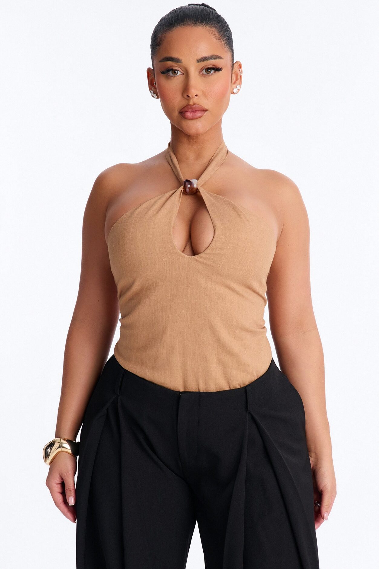Iced Coffee Beaded Linen Halter Top - Camel