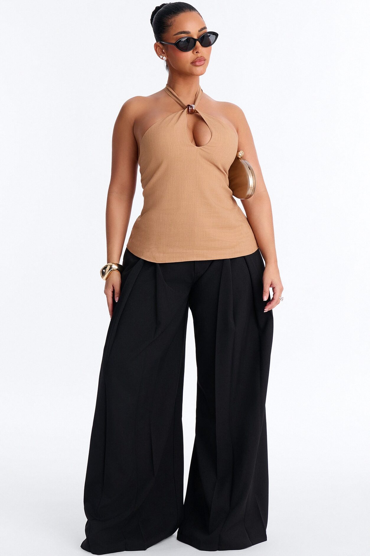 Iced Coffee Beaded Linen Halter Top - Camel