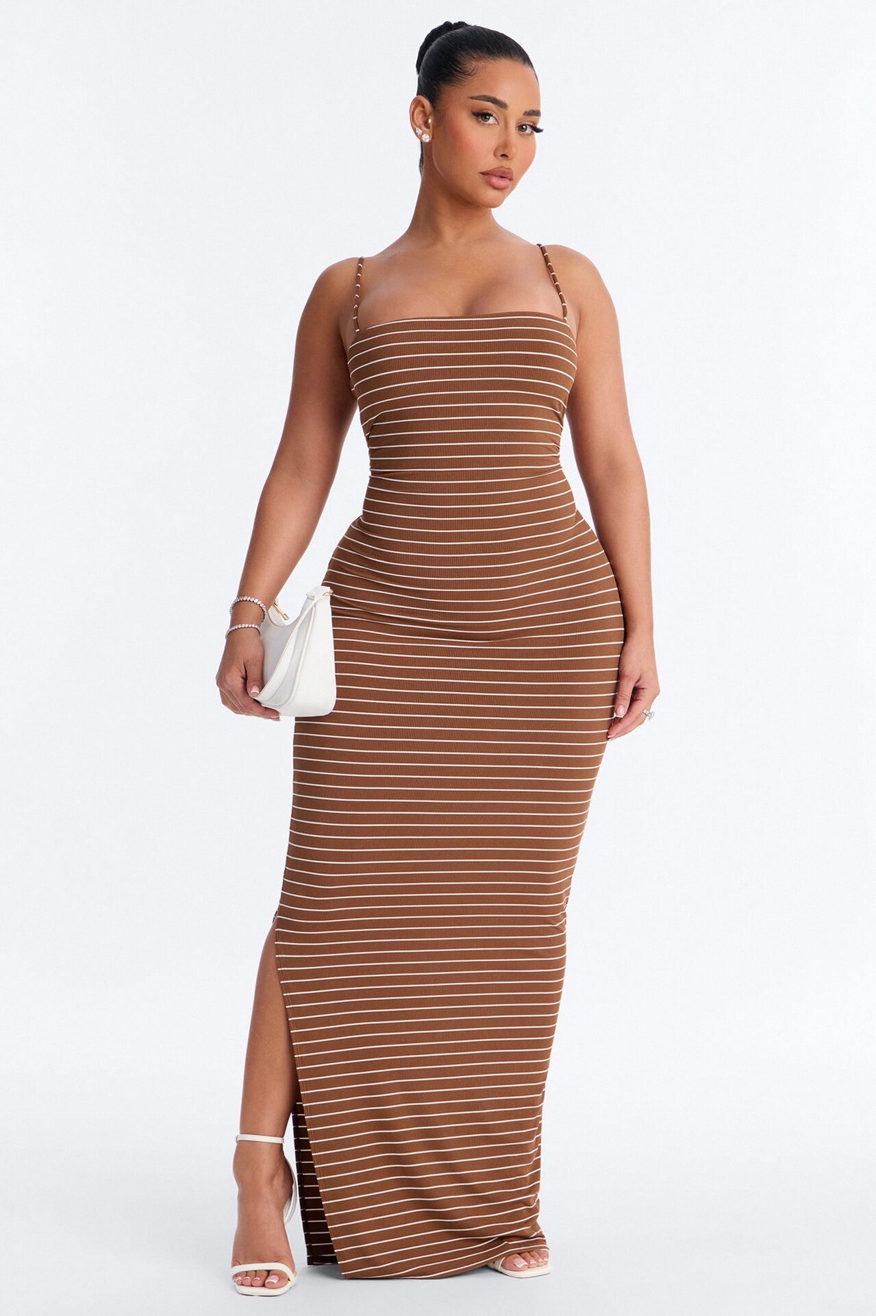 Thea Striped Twist Back Ribbed Maxi Dress - Brown/combo