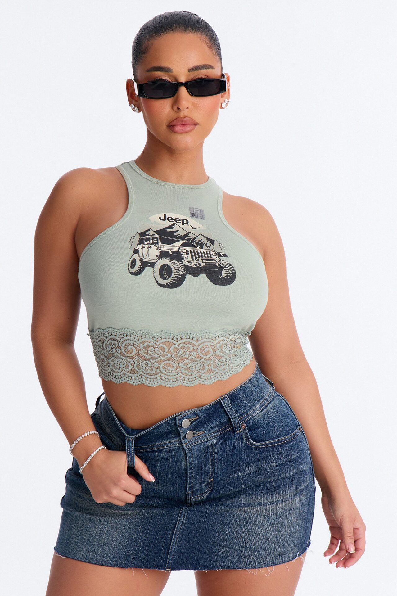 Jeep Lace Trim Muscle Tank - Sage