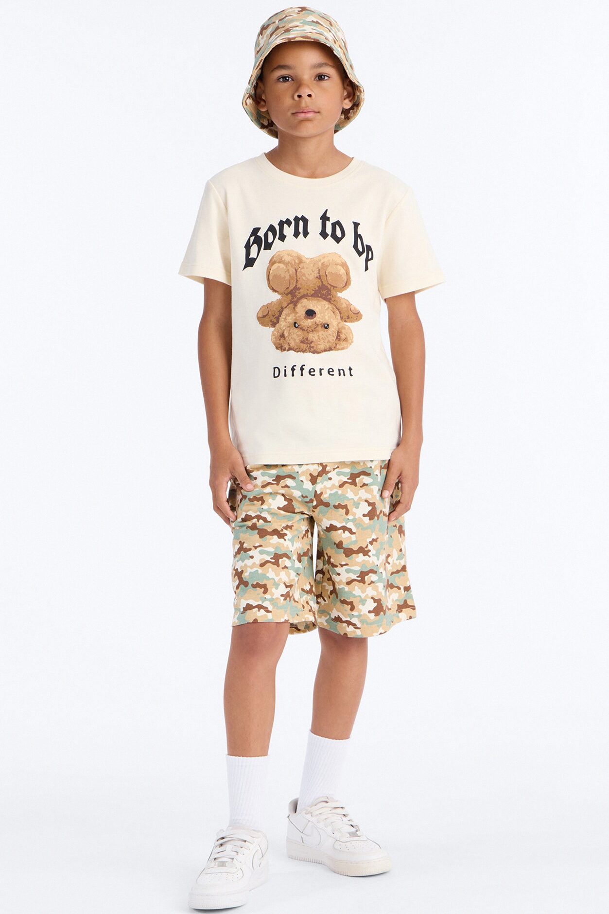 Mini Money Moves Short Set With Bucket Hat - Cream/combo
