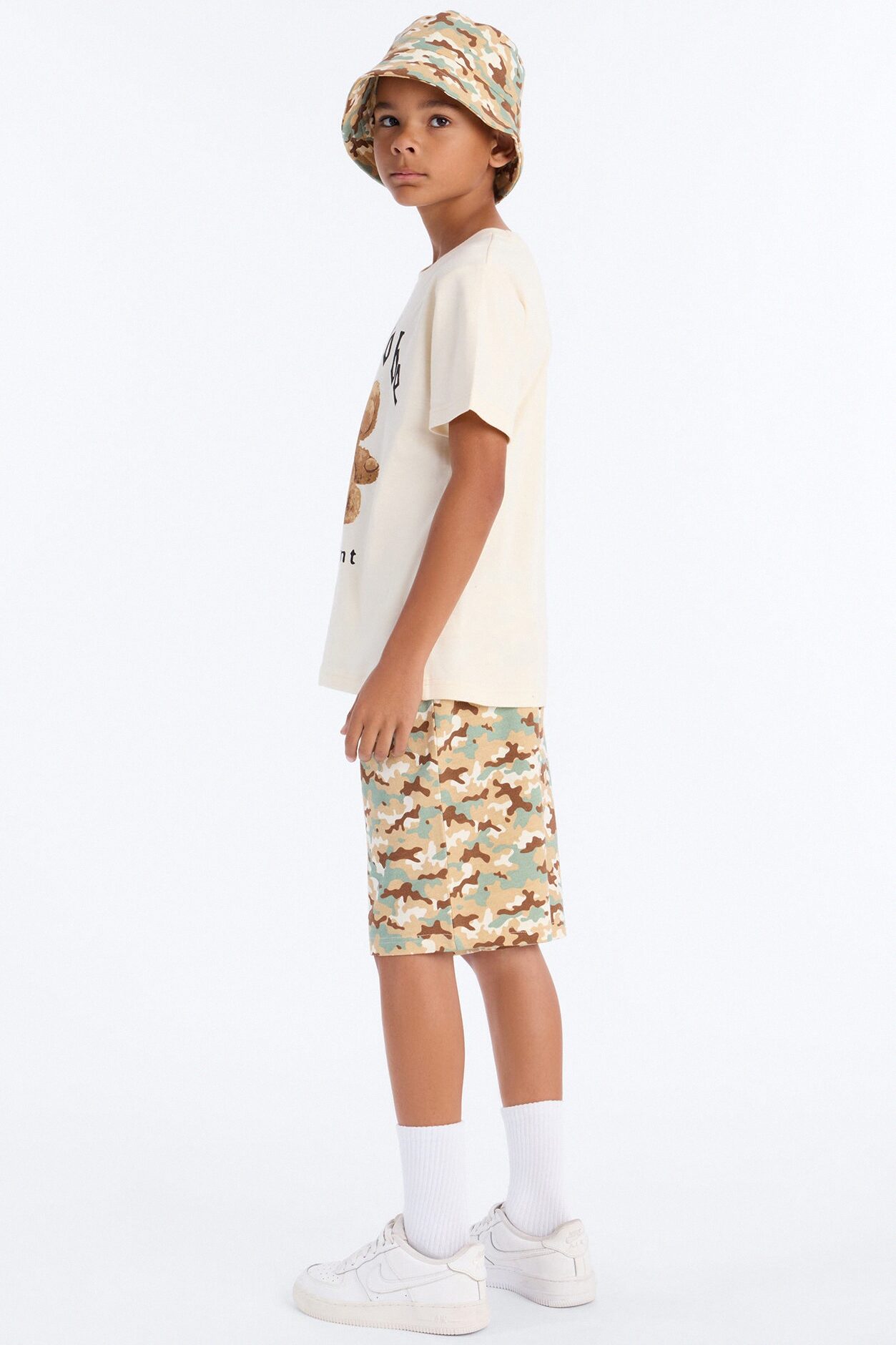 Mini Money Moves Short Set With Bucket Hat - Cream/combo