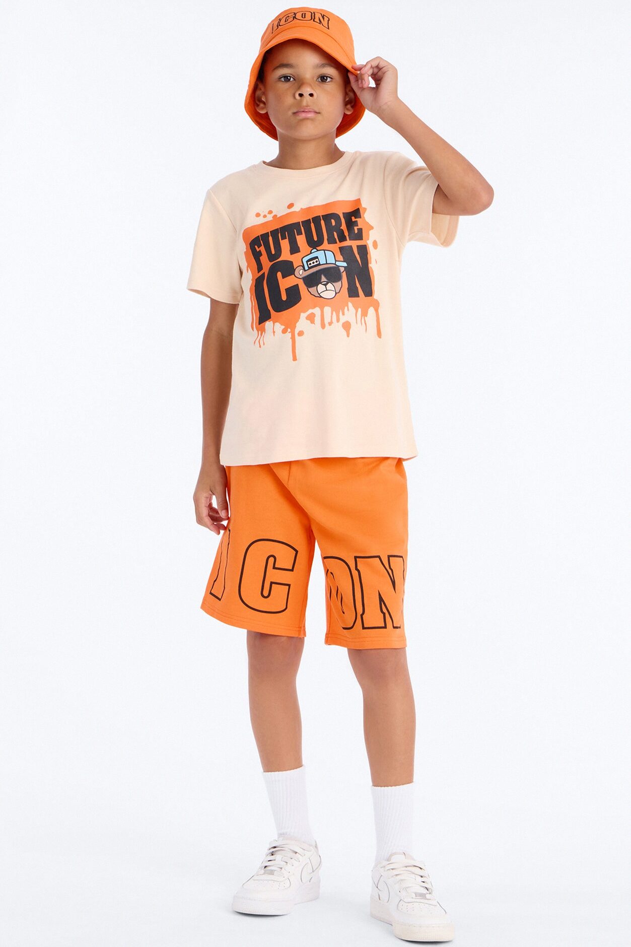 Mini Future Icon Short Set With Bucket Hat - Cream/combo