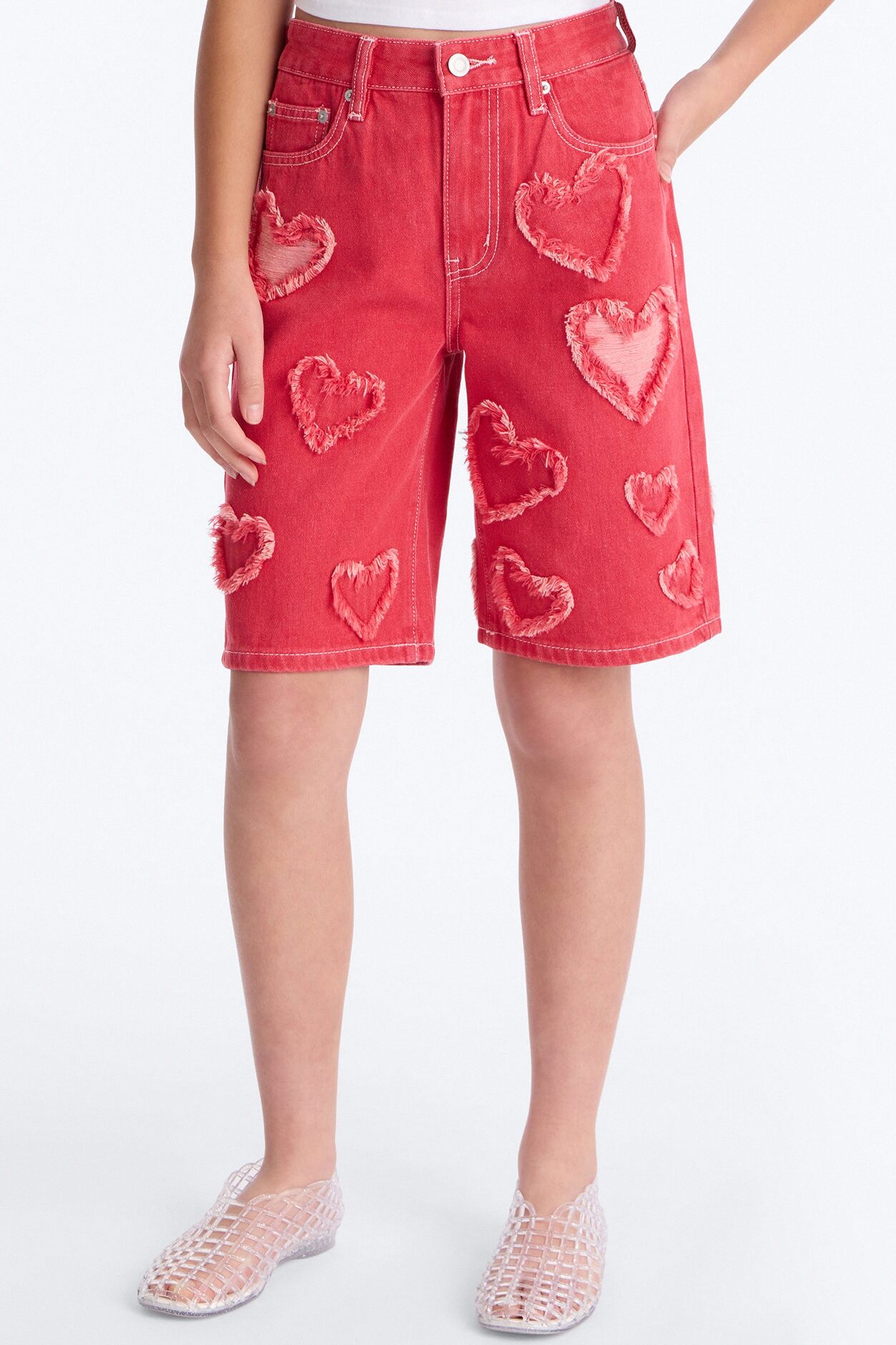 Mini Have A Heart Patchwork Denim Jorts - Hot Pink