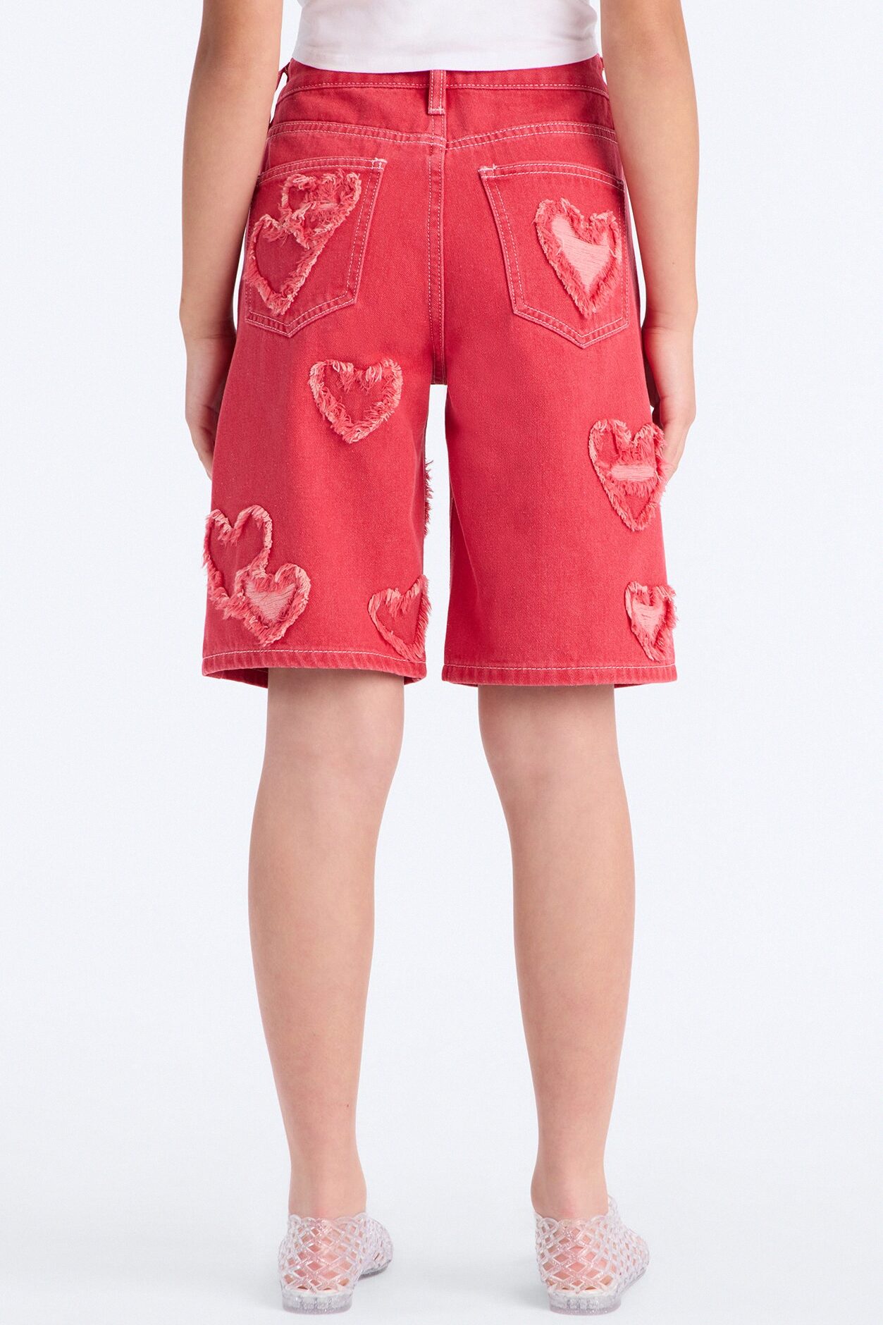 Mini Have A Heart Patchwork Denim Jorts - Hot Pink