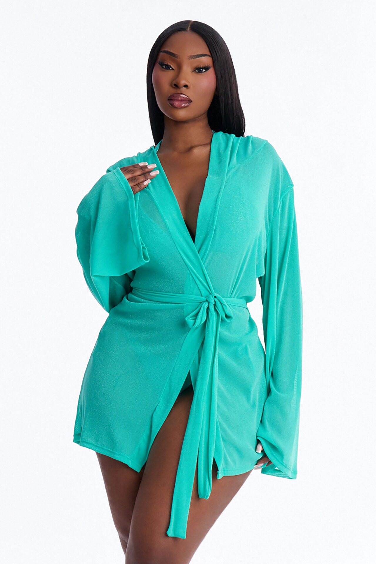 Shining For You Bikini And Robe Coverup Set - Teal