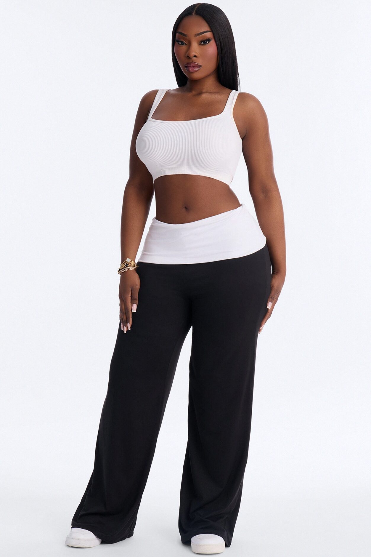 Aniyah Fold Over Flare Pant - Black/White