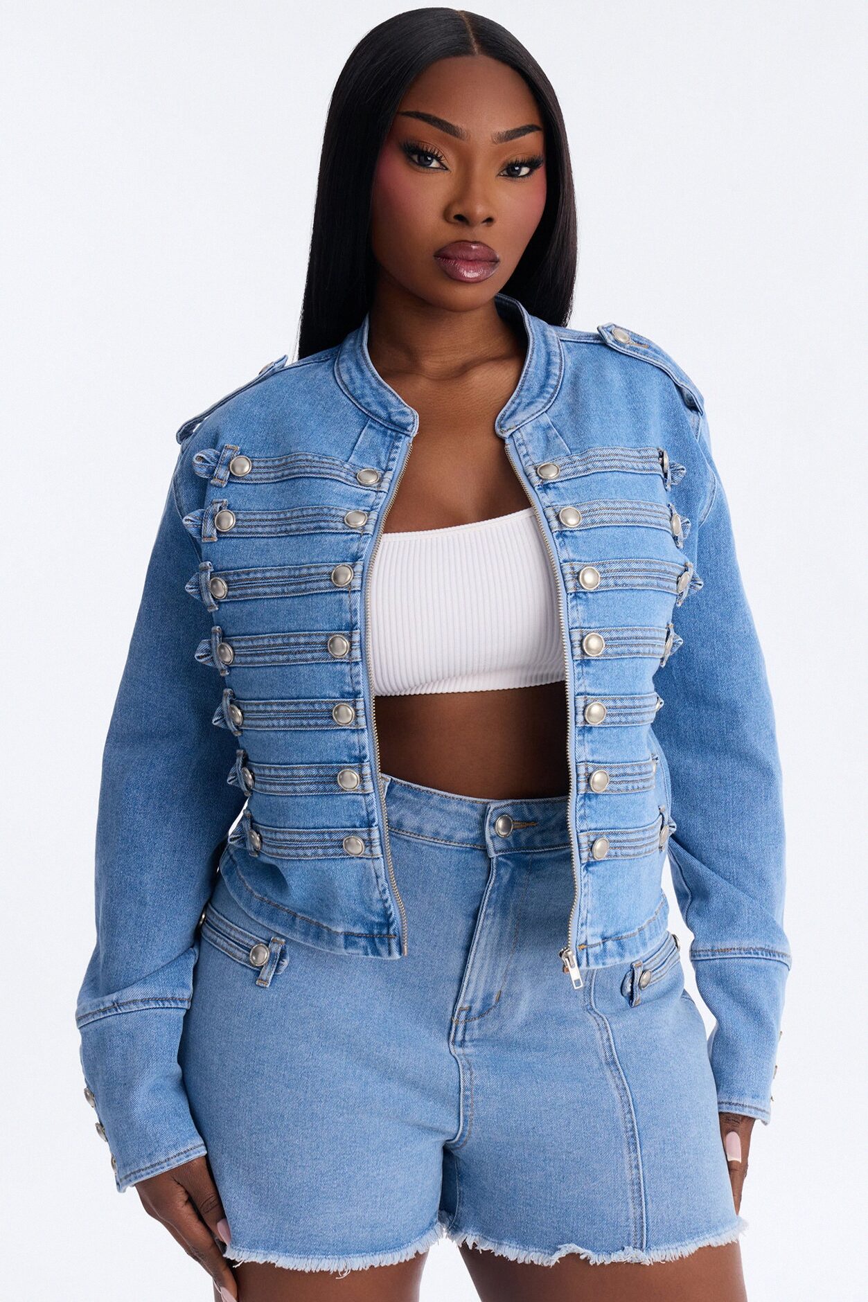 Defended You Decorated Stretch Denim Jacket - Light Wash