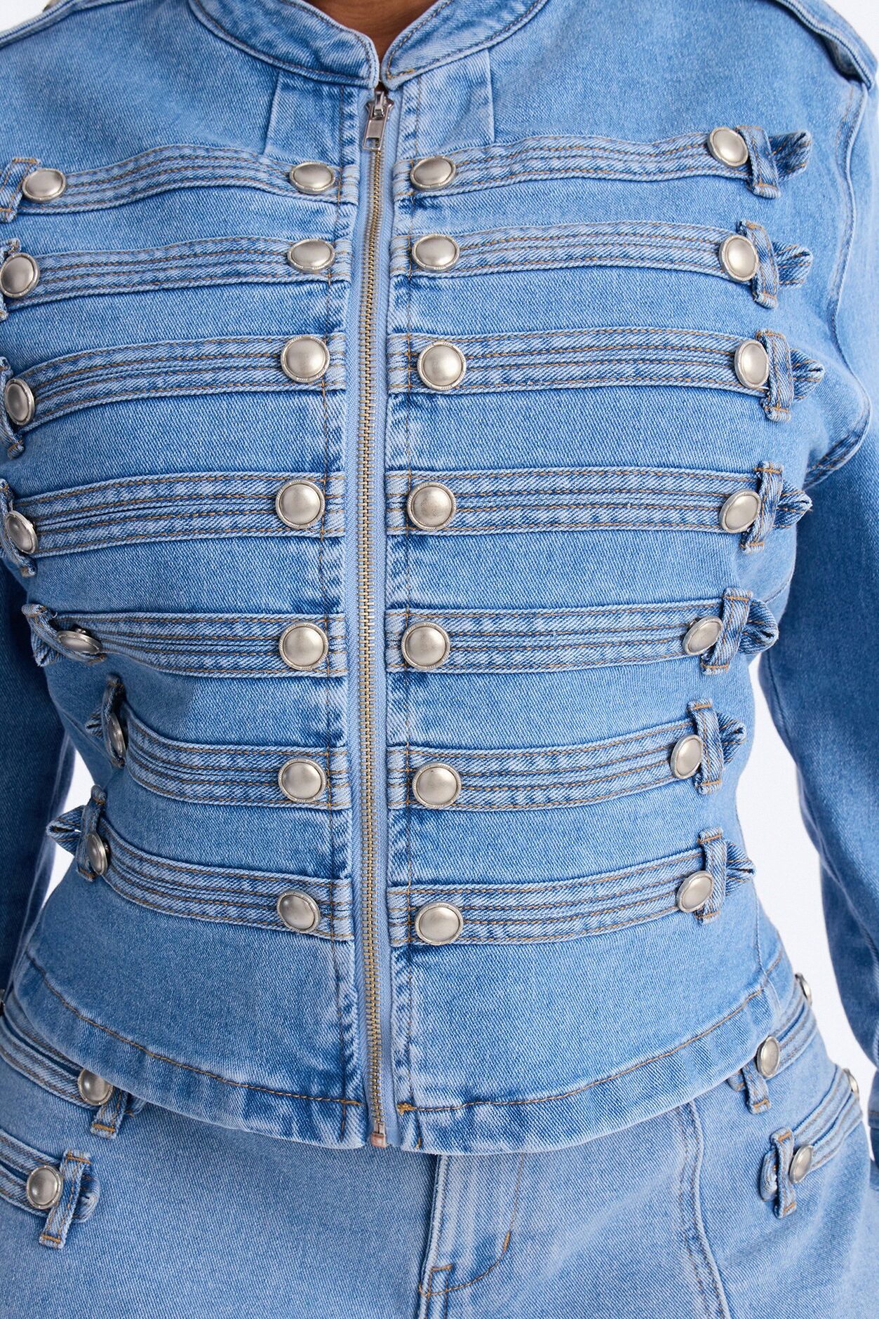 Defended You Decorated Stretch Denim Jacket - Light Wash