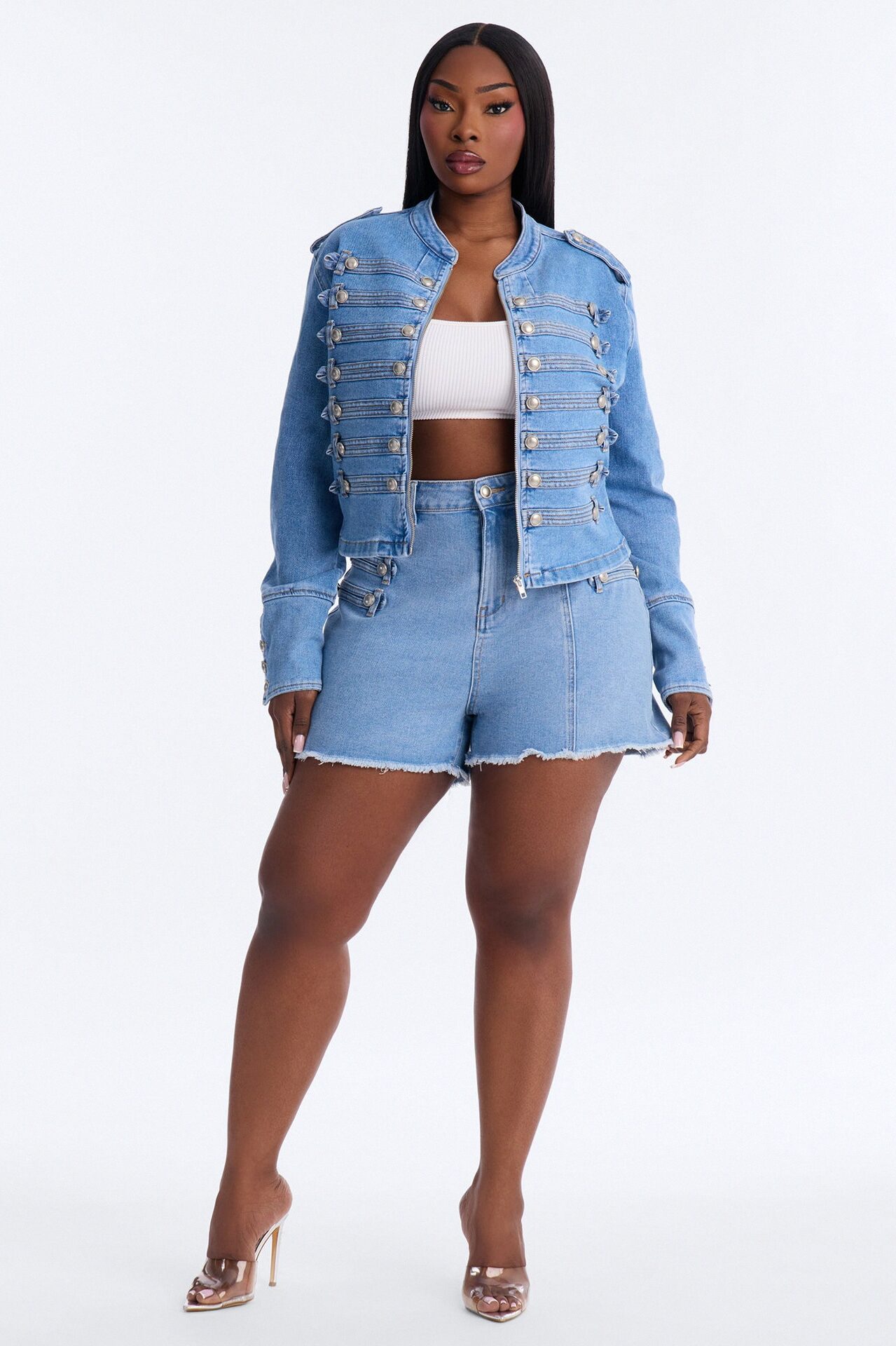 Defended You Decorated Stretch Denim Jacket - Light Wash