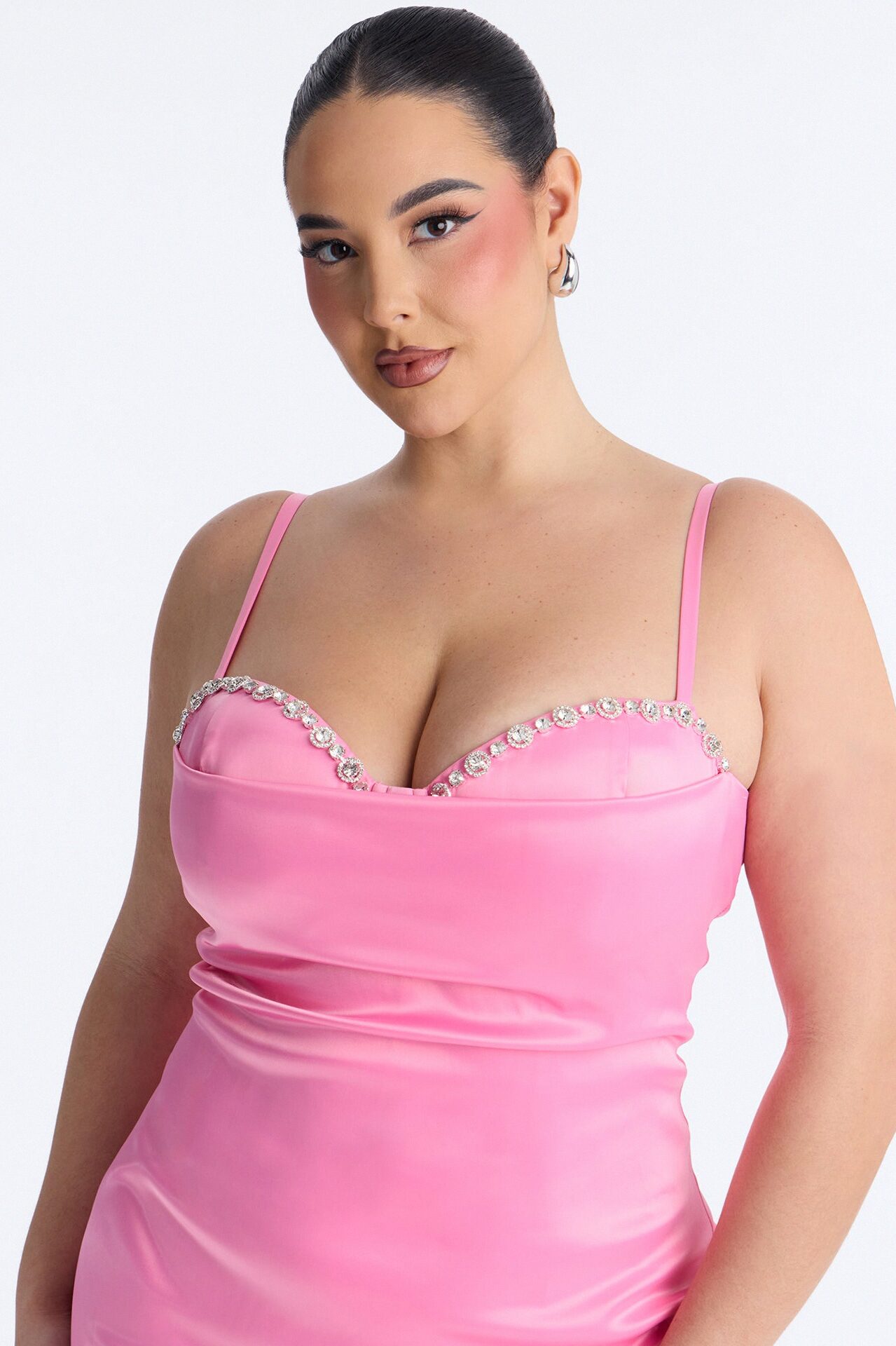 Sent With Love Rhinestone Trim Satin Mini Dress - Pink