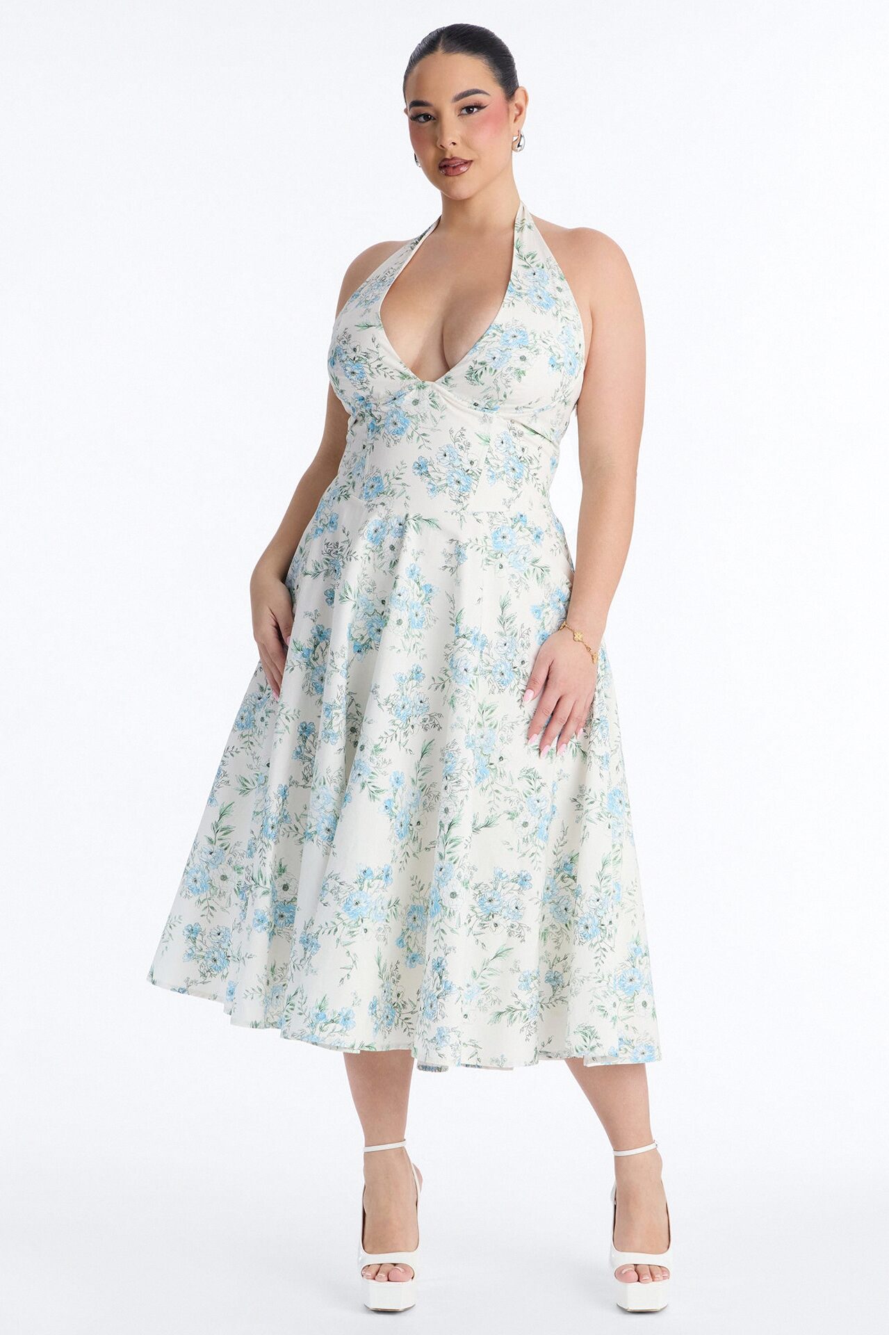 Adelaide Halter Floral Midi Dress - White/Blue