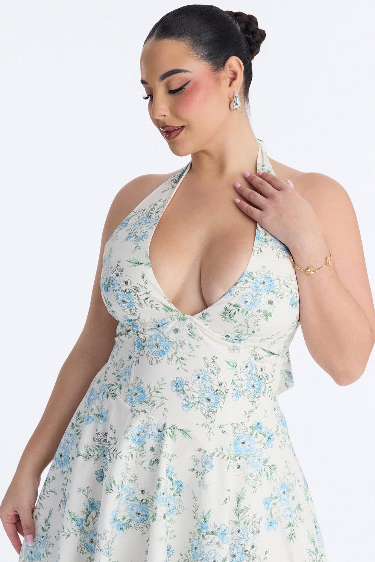 Adelaide Halter Floral Midi Dress - White/Blue