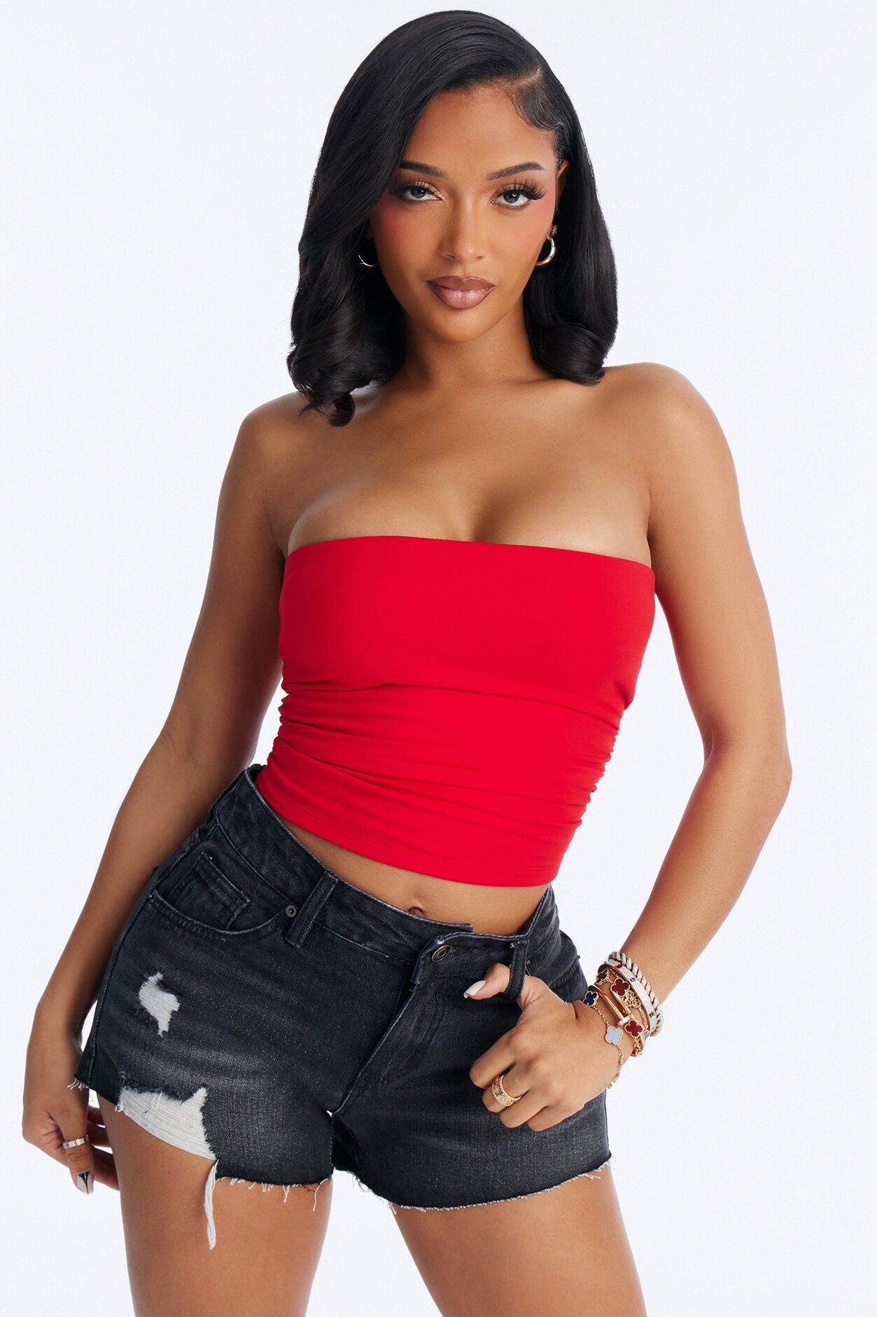 Karissa Double Lined Ruched Tube Top - Red
