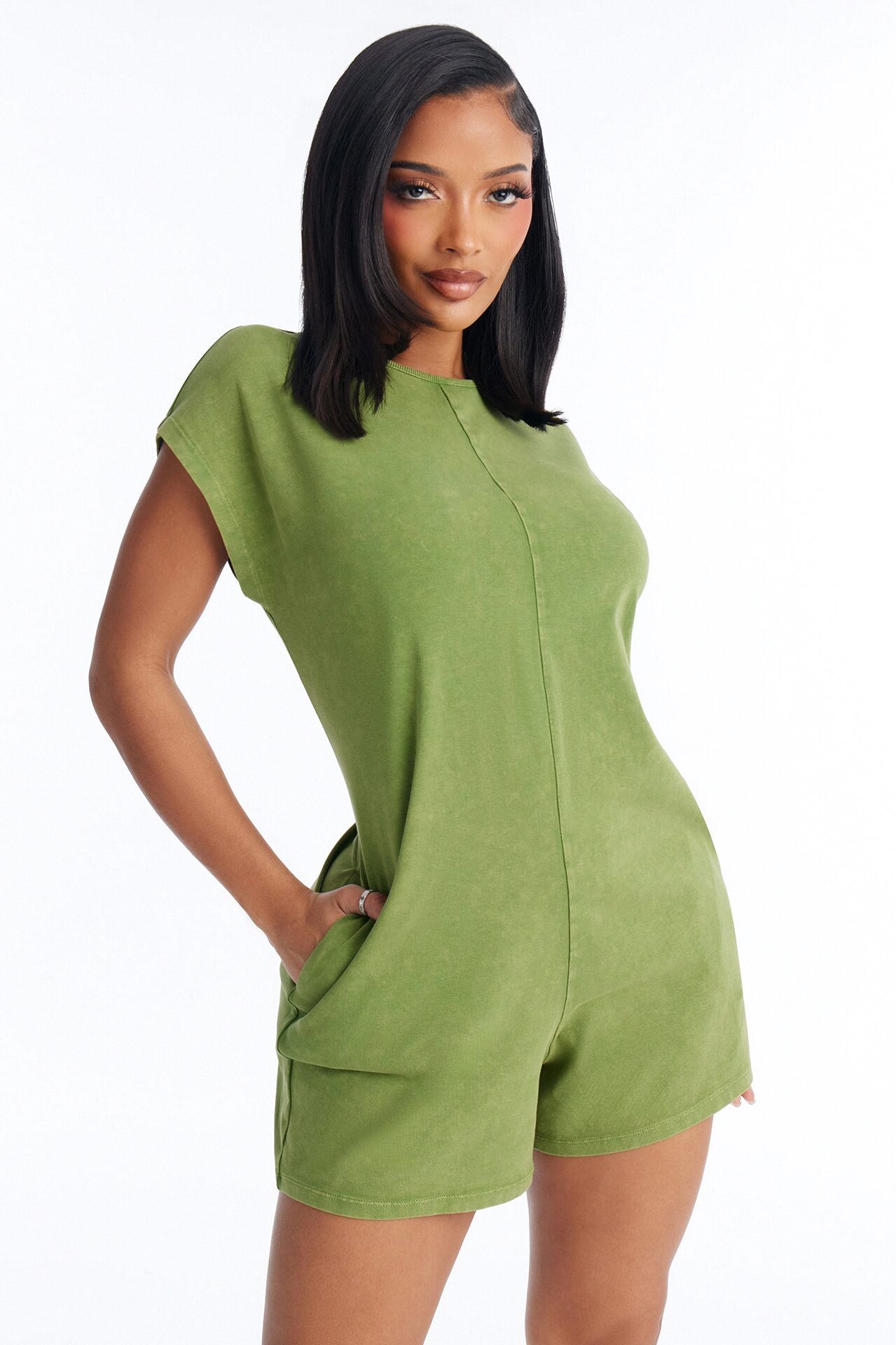 The Washed Cap Sleeve Romper - Sage